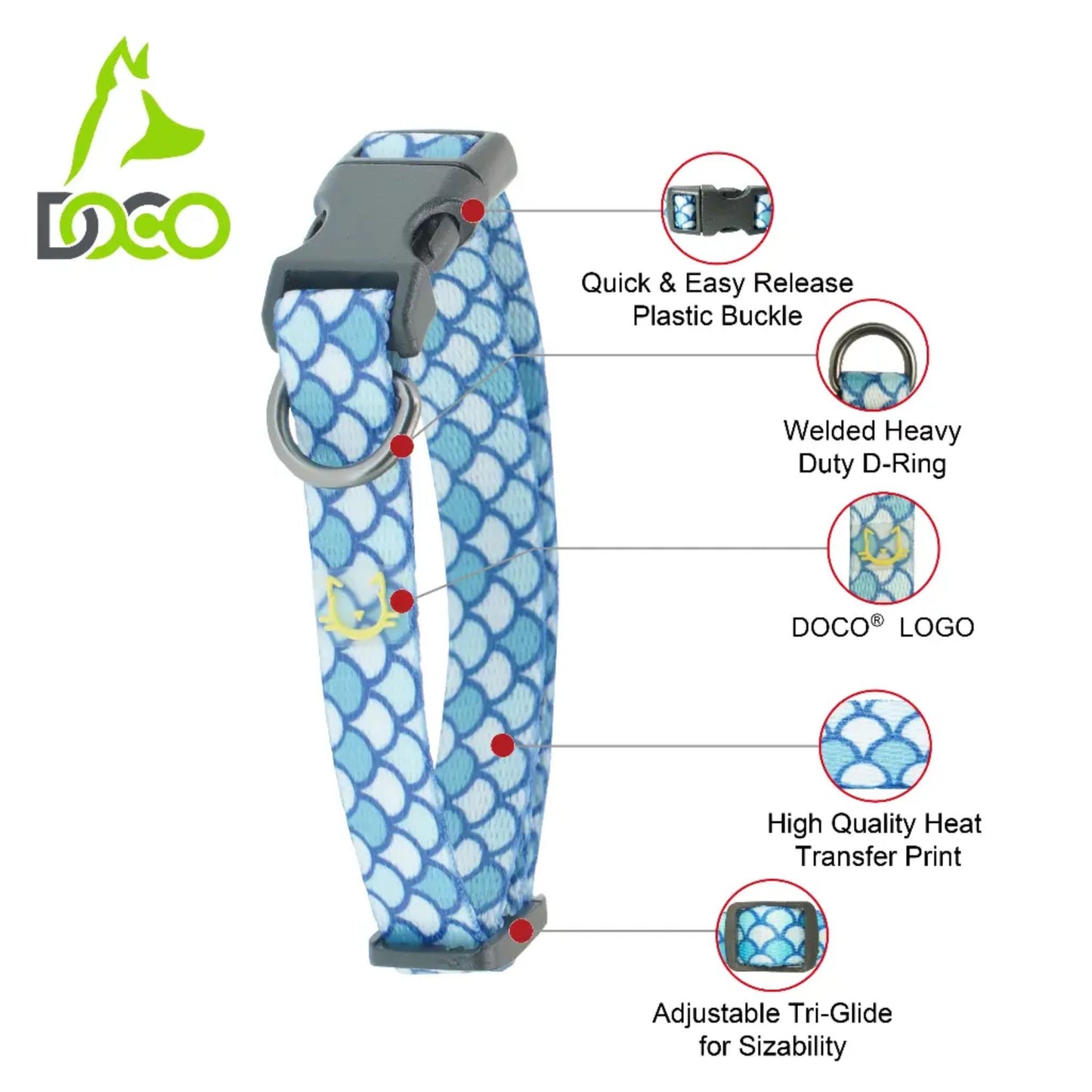 Dog collar with blue and white pattern, features labeled, and DOCO logo.