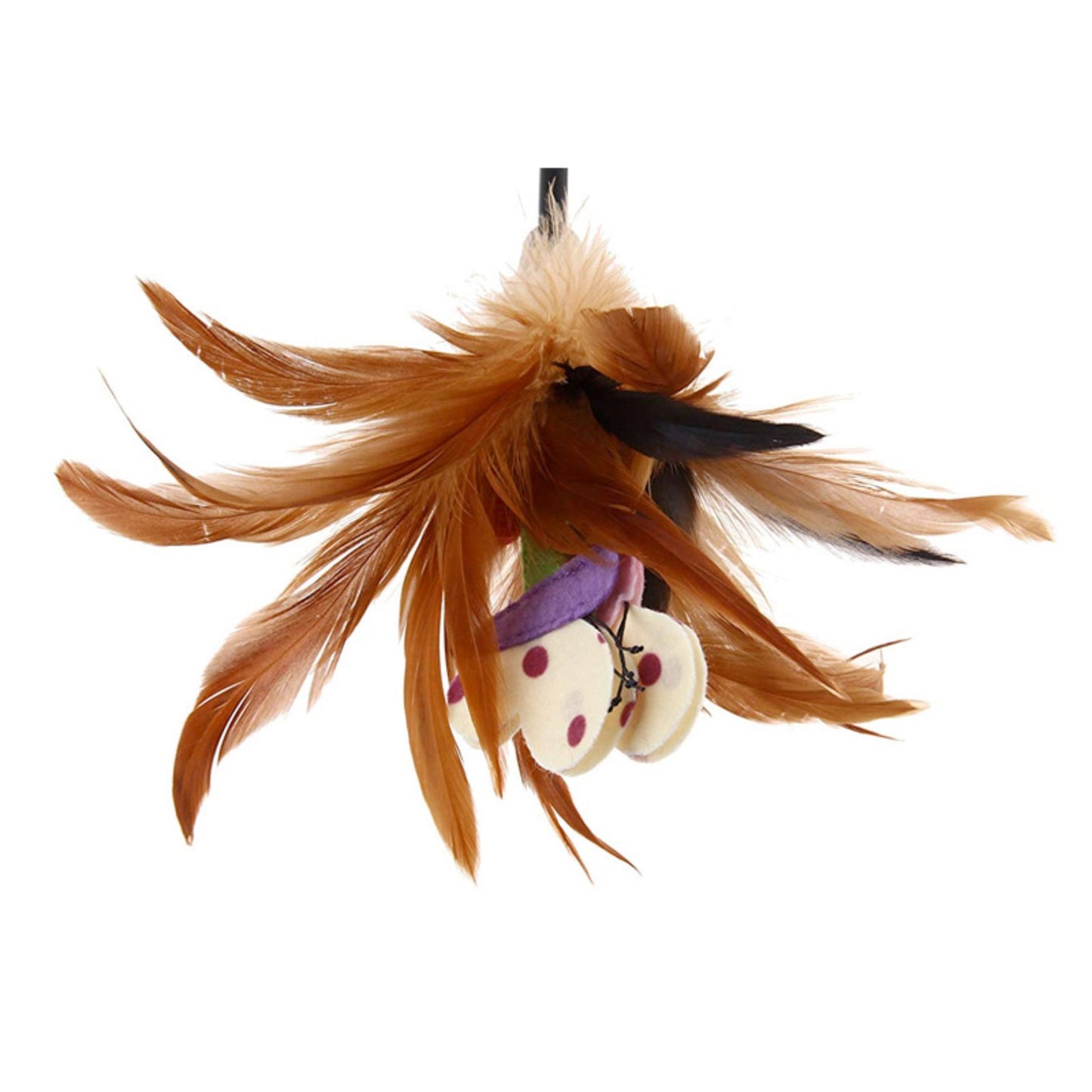 Cat toy with feathers and a plush face on a white background