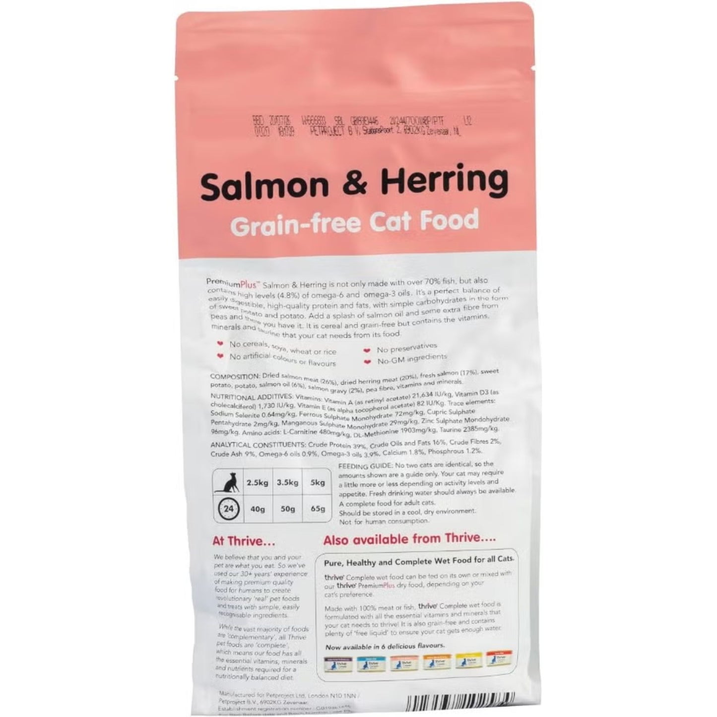 Bag of salmon and herring grain-free cat food on a white background