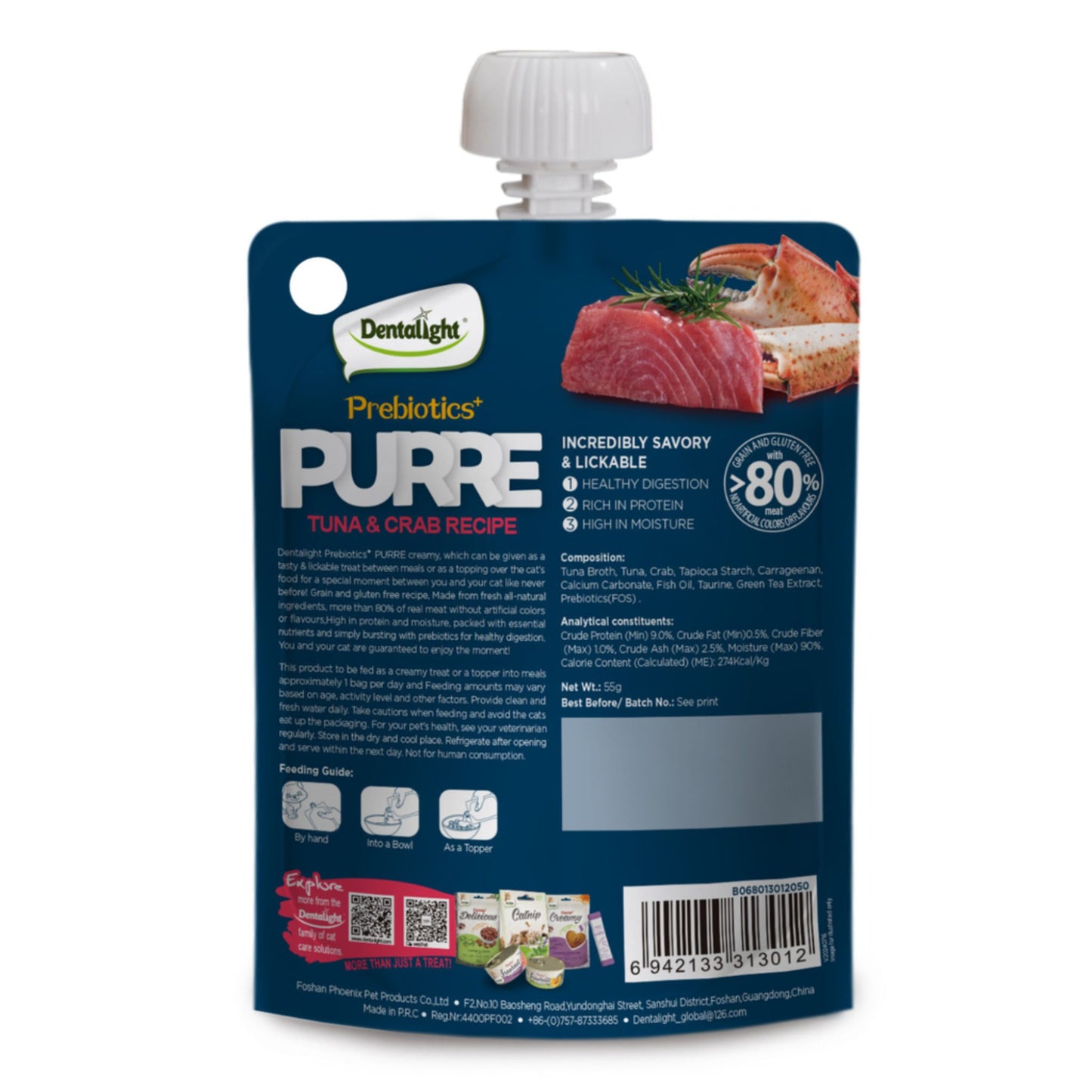 Dentalight Prebiotics Puree pouch for tuna and crab on a white background