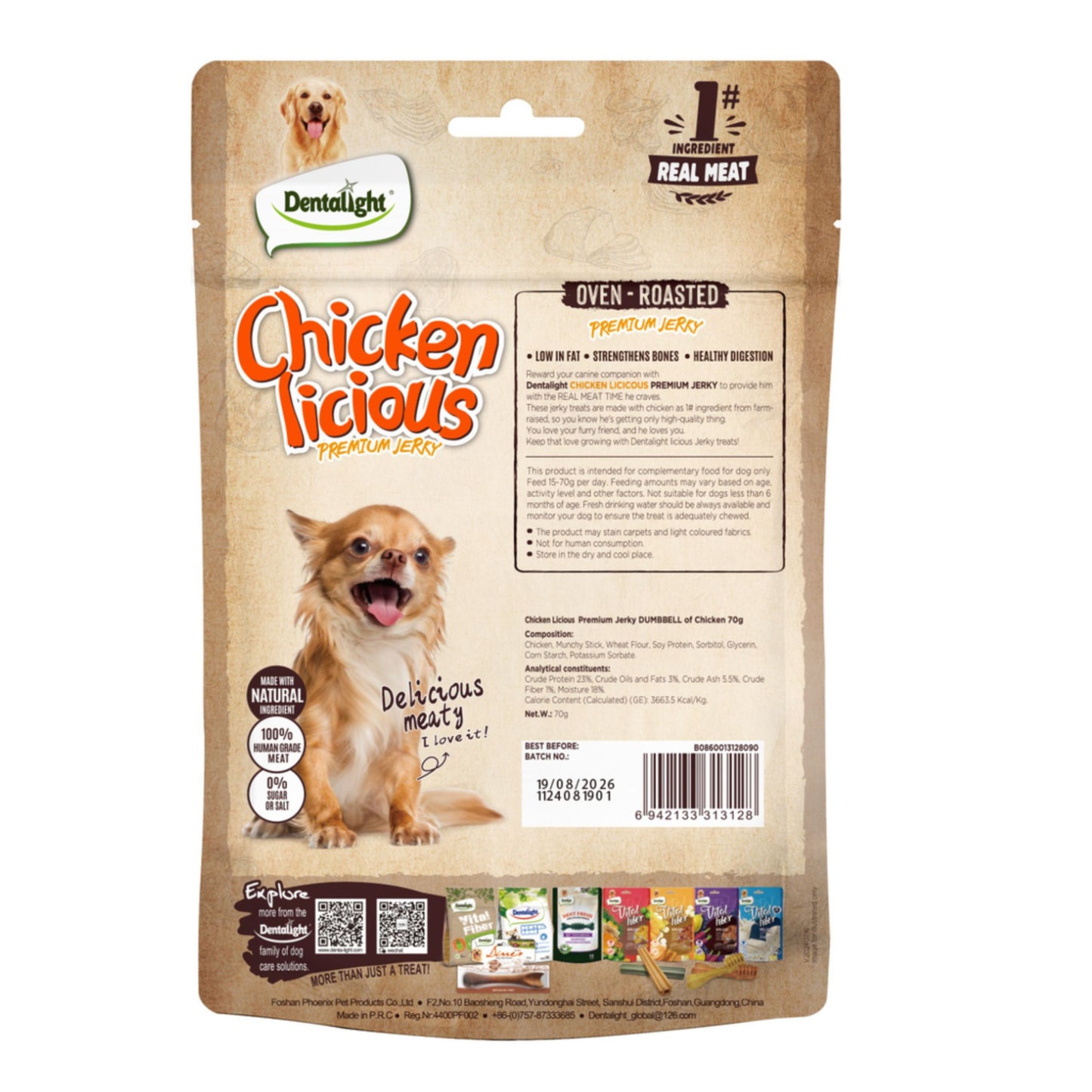 Dentalight Chicken Licious dog treat package on a white background