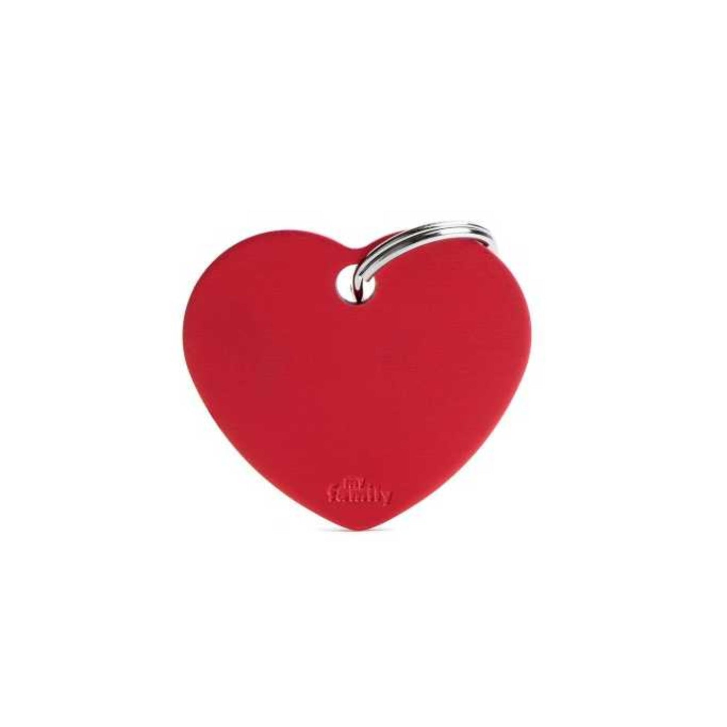 Red heart-shaped pet ID tag with a metal ring on a white background