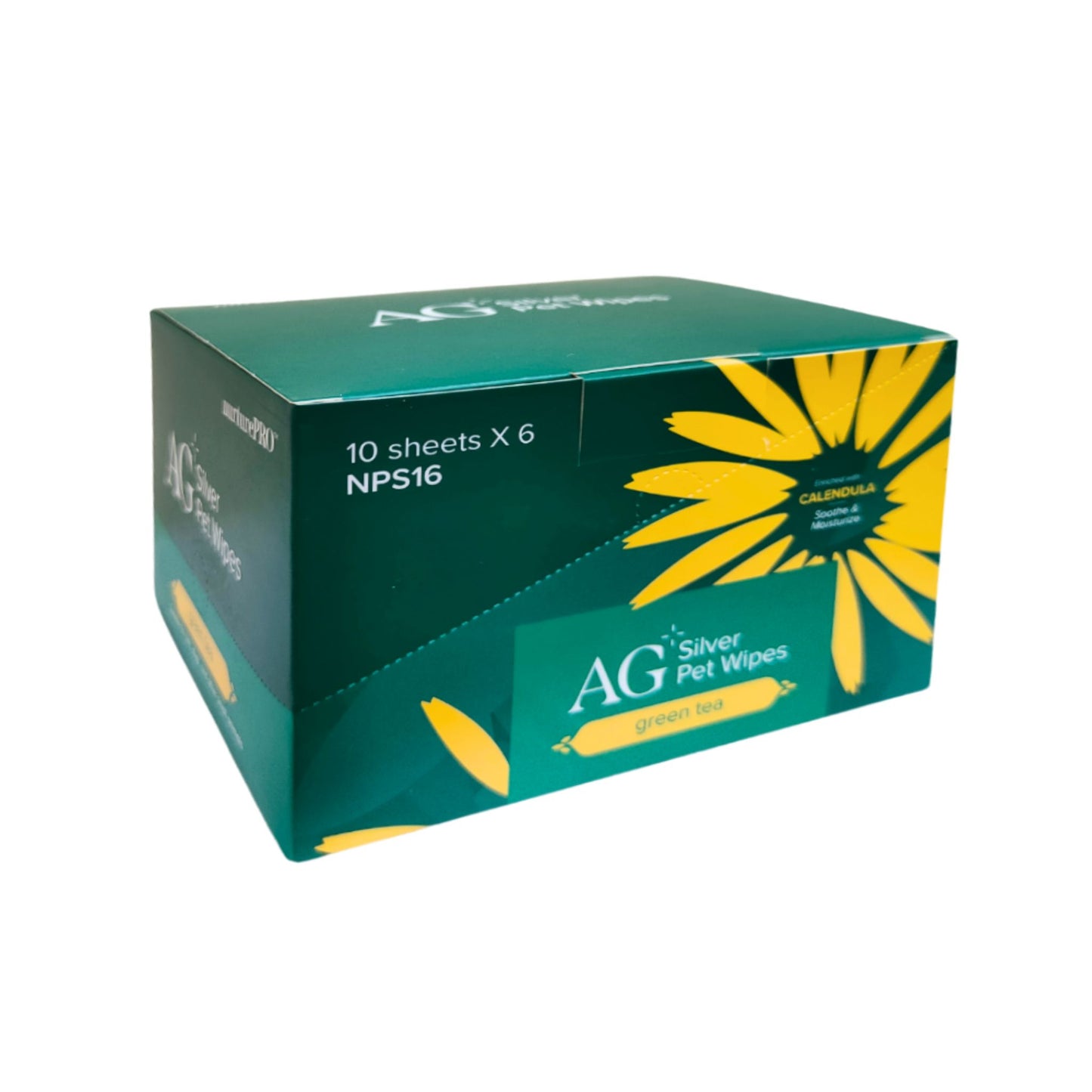Box of AG Silver Pet Wipes with yellow floral design on a white background