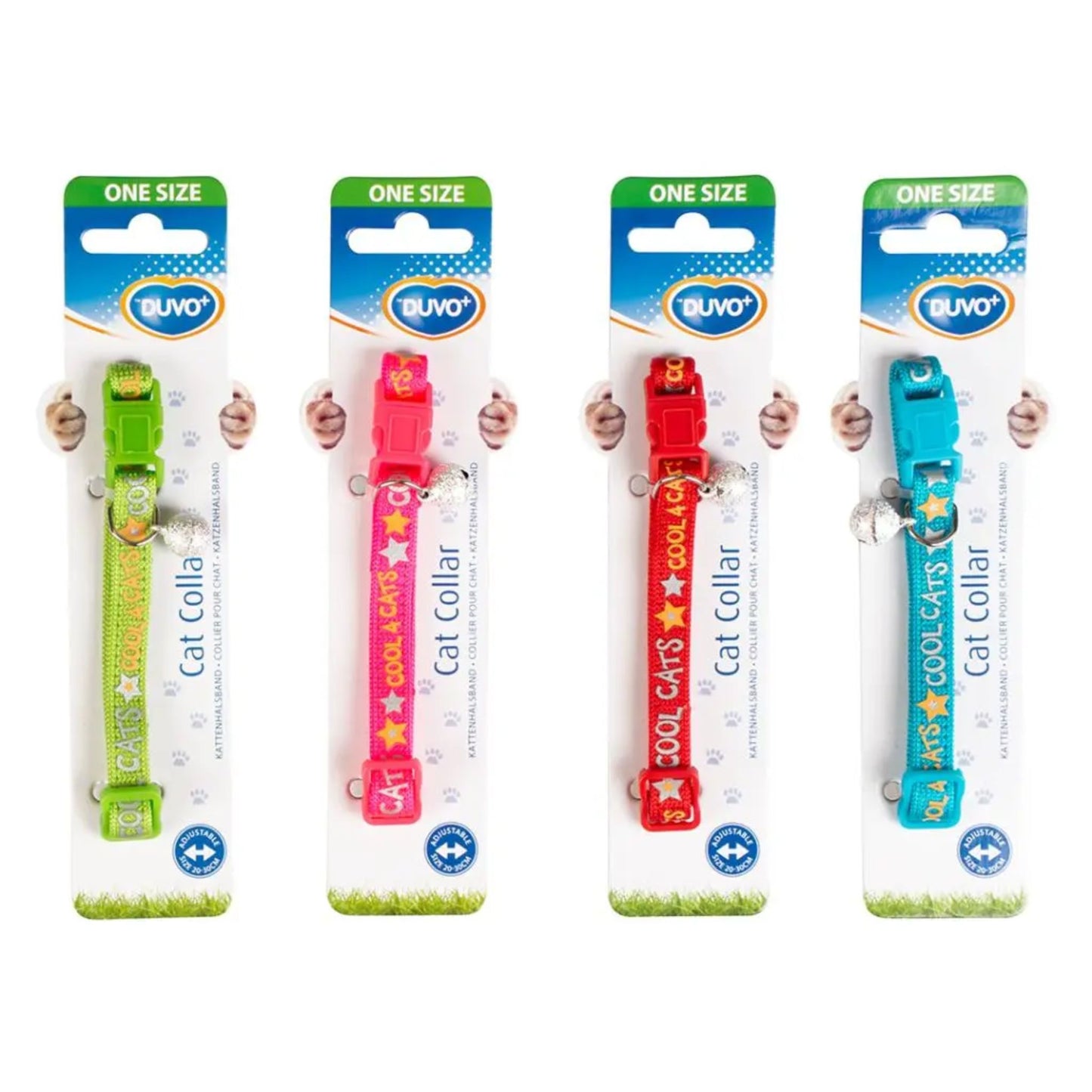 Four packages of Bubo cat collars in green, pink, red, and blue held by hands against a white background.