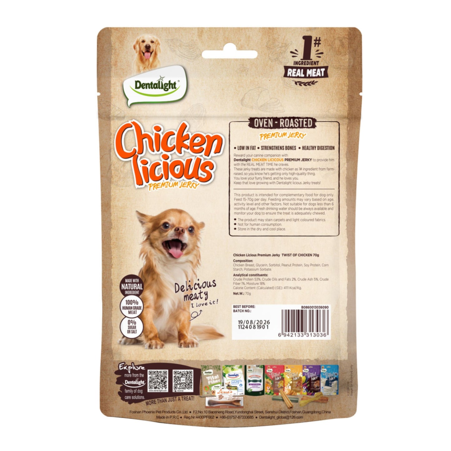 Dentalight Chicken Licious dog treat package on a white background