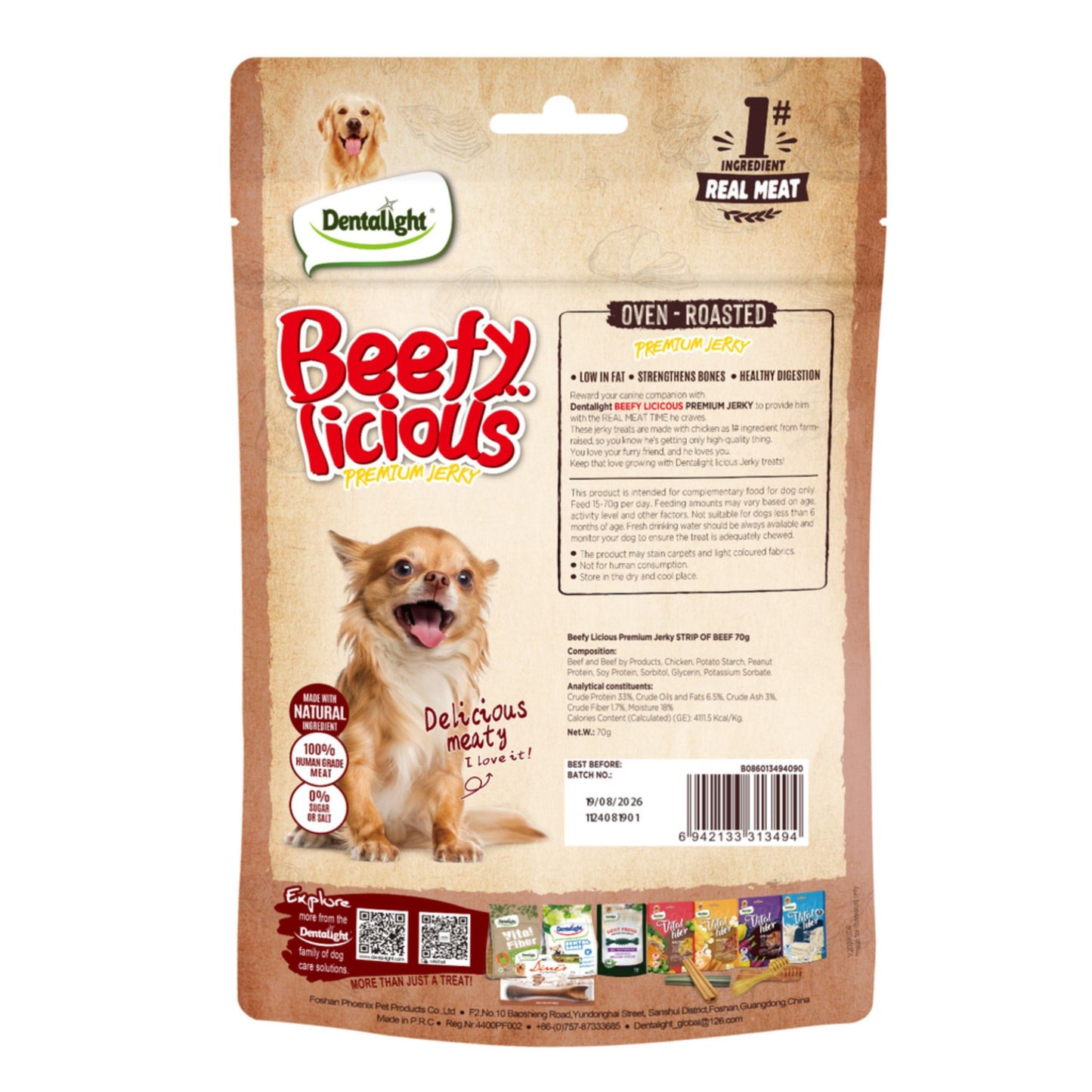 Dog food package labeled 'Beef Licious' by Dentalight on a white background