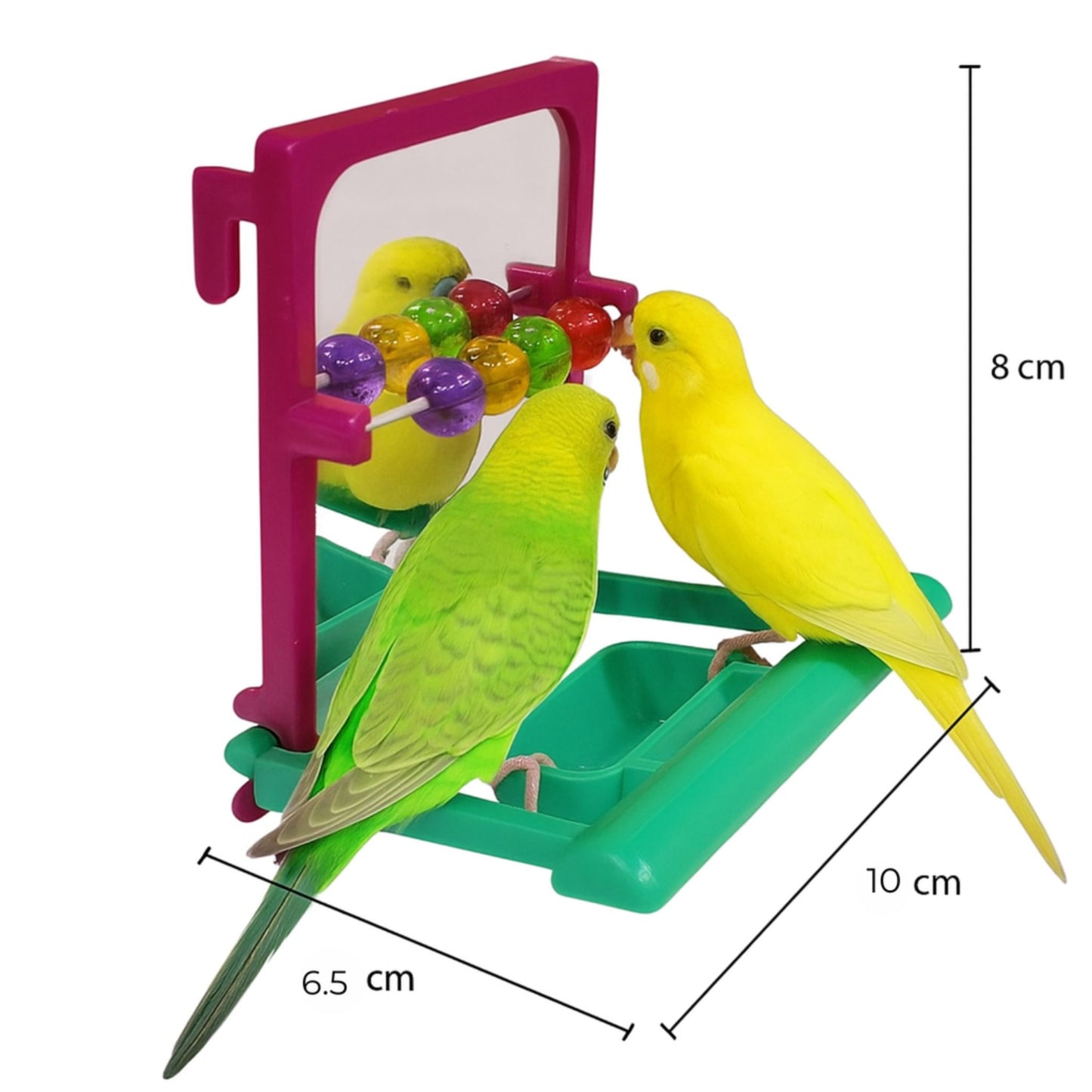 Bird toy with colorful birds and measurements on a white background