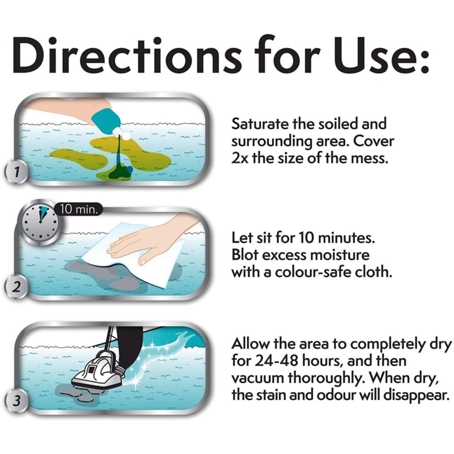 Step-by-step cleaning directions with illustrations and text on a white background
