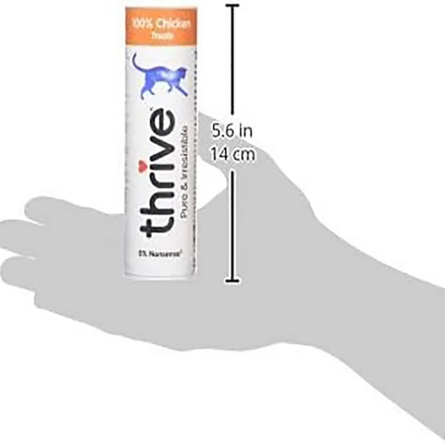 Thrive cat treat packaging shown next to a hand for size reference on a white background