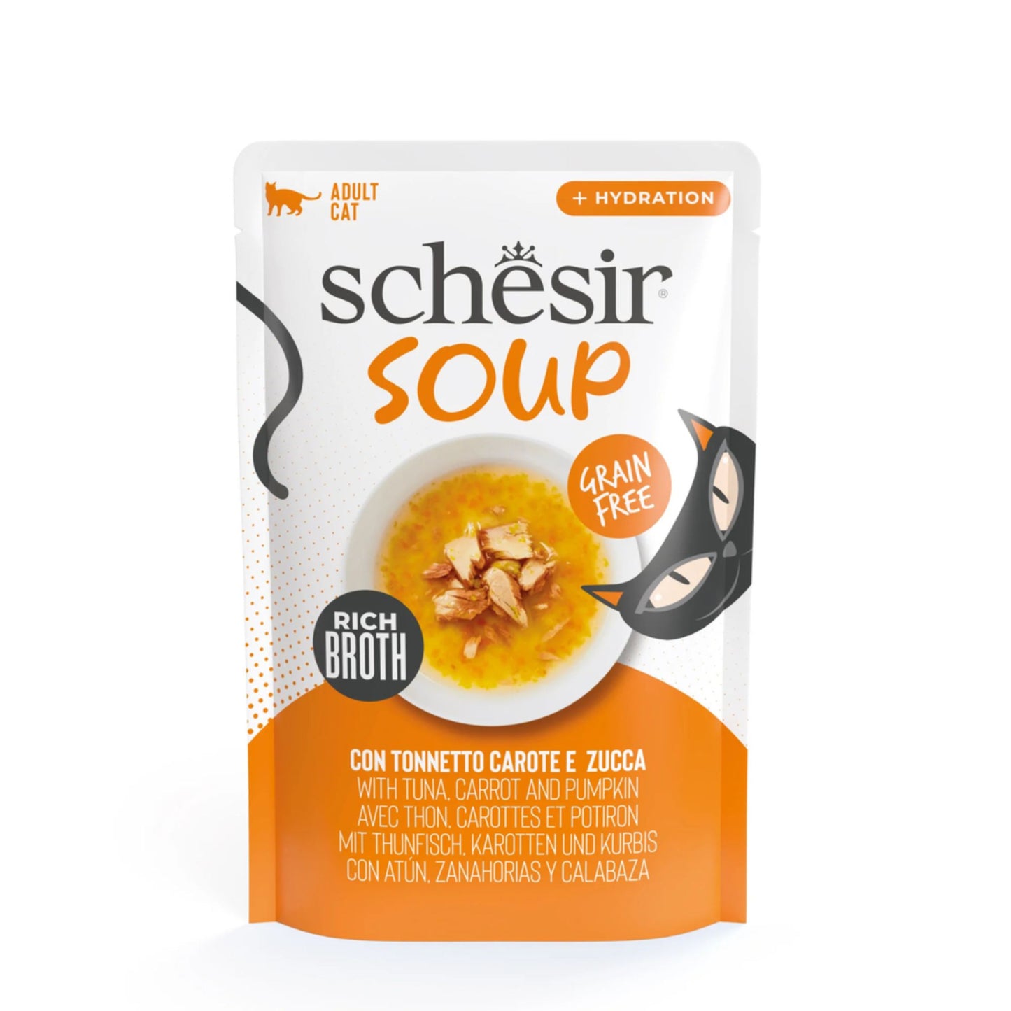 Schesir cat soup package with text and branding on a white background