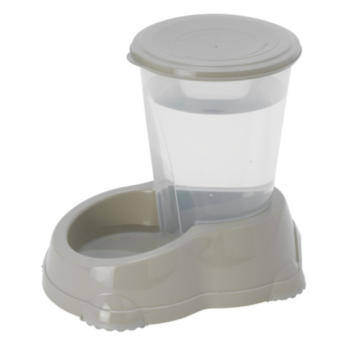 Pet water and food dispenser with clear top and beige base on a white background