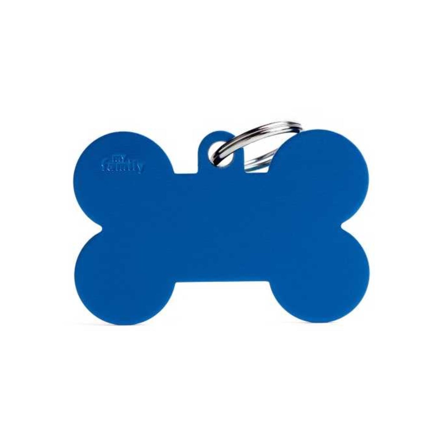 Blue bone-shaped pet ID tag on a white background