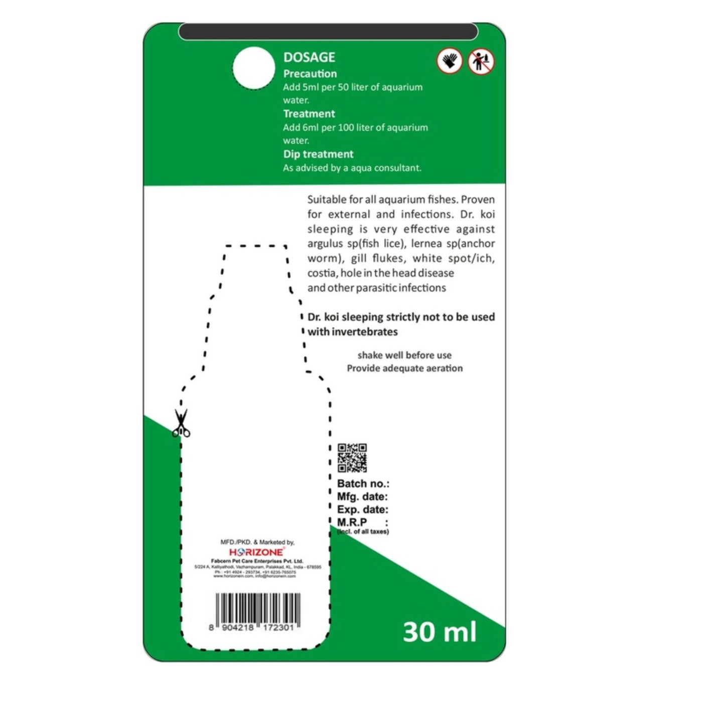 Green and white packaging label for a 30 ml product with dosage instructions.