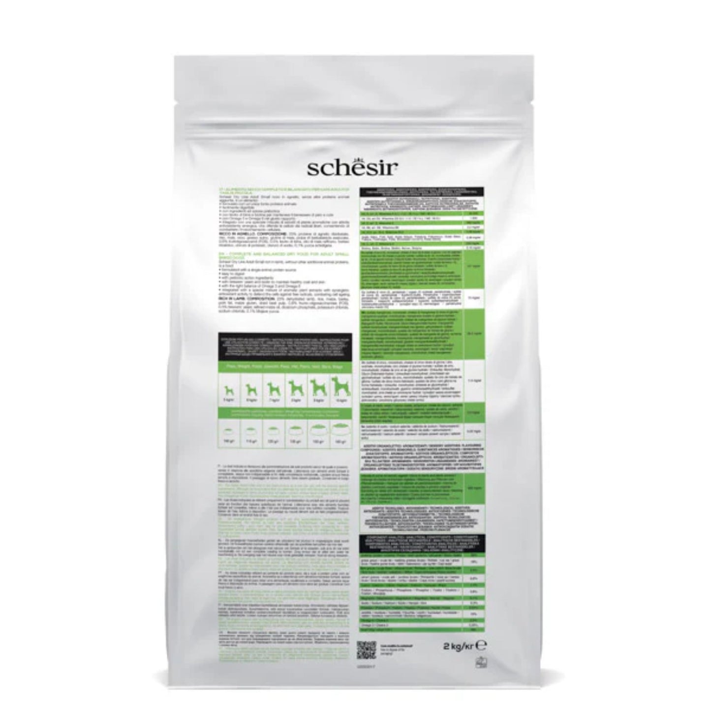 White packaging of Schesir dog food with green and black text on a white background