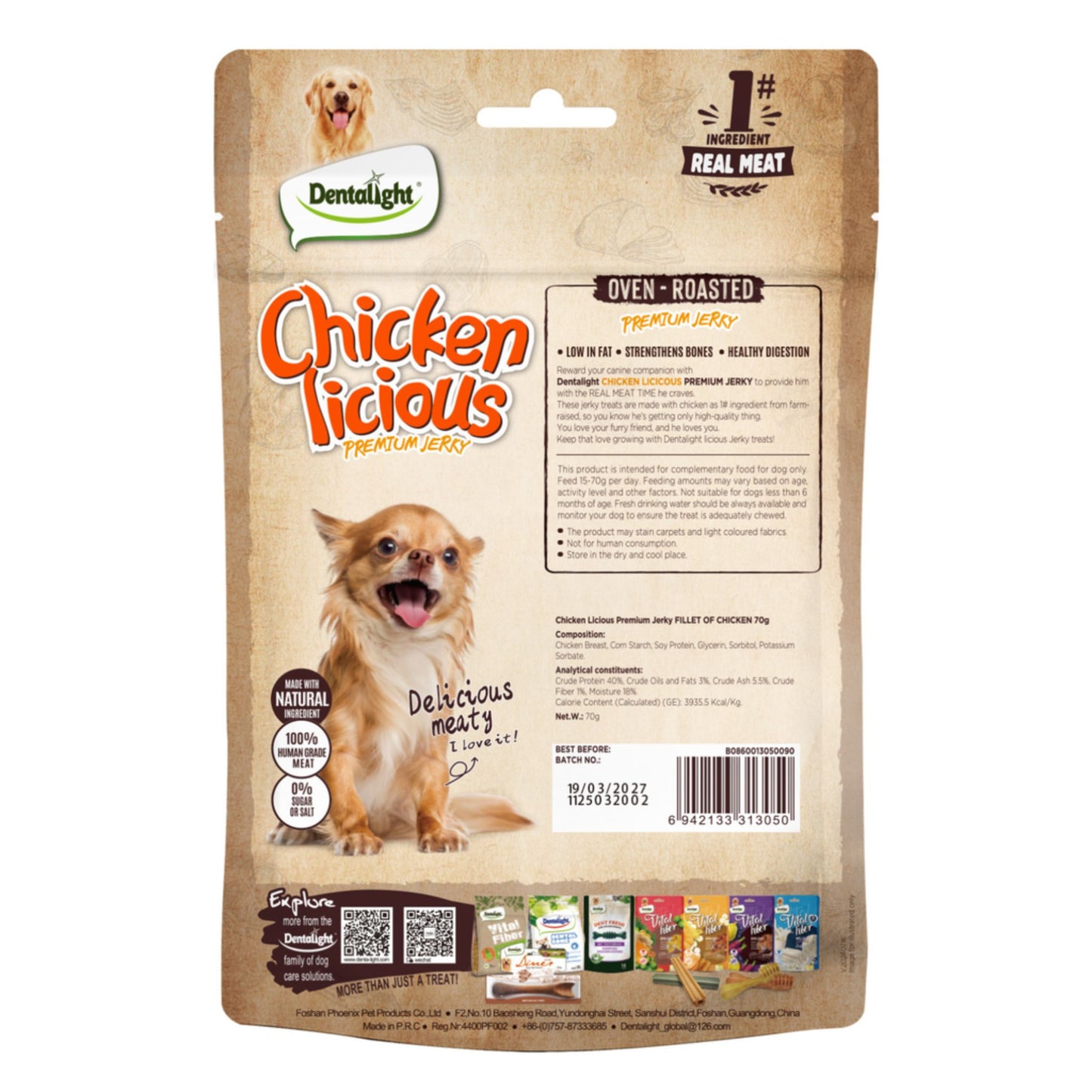 Dentalight Chicken Licious dog treat package on a white background