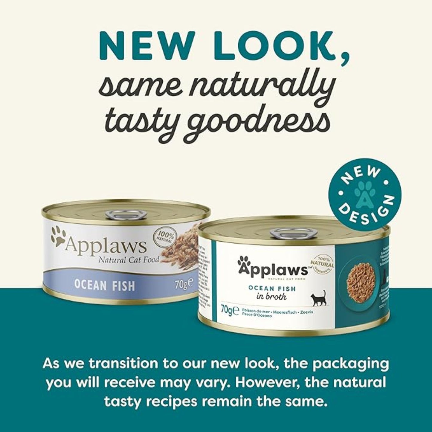 Two cans of Applaws Ocean Fish cat food with text about new packaging design.