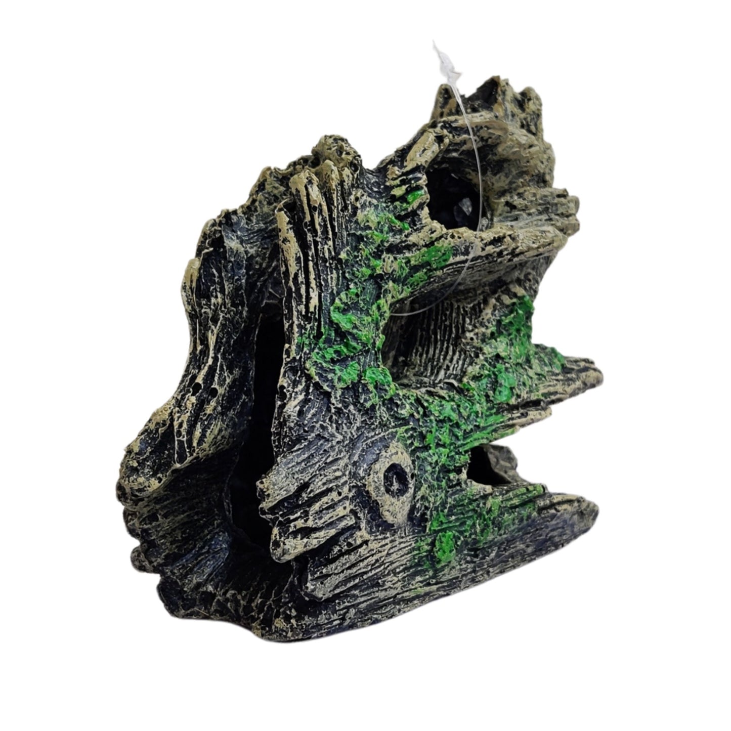 Decorative aquarium rock with green moss on a white background