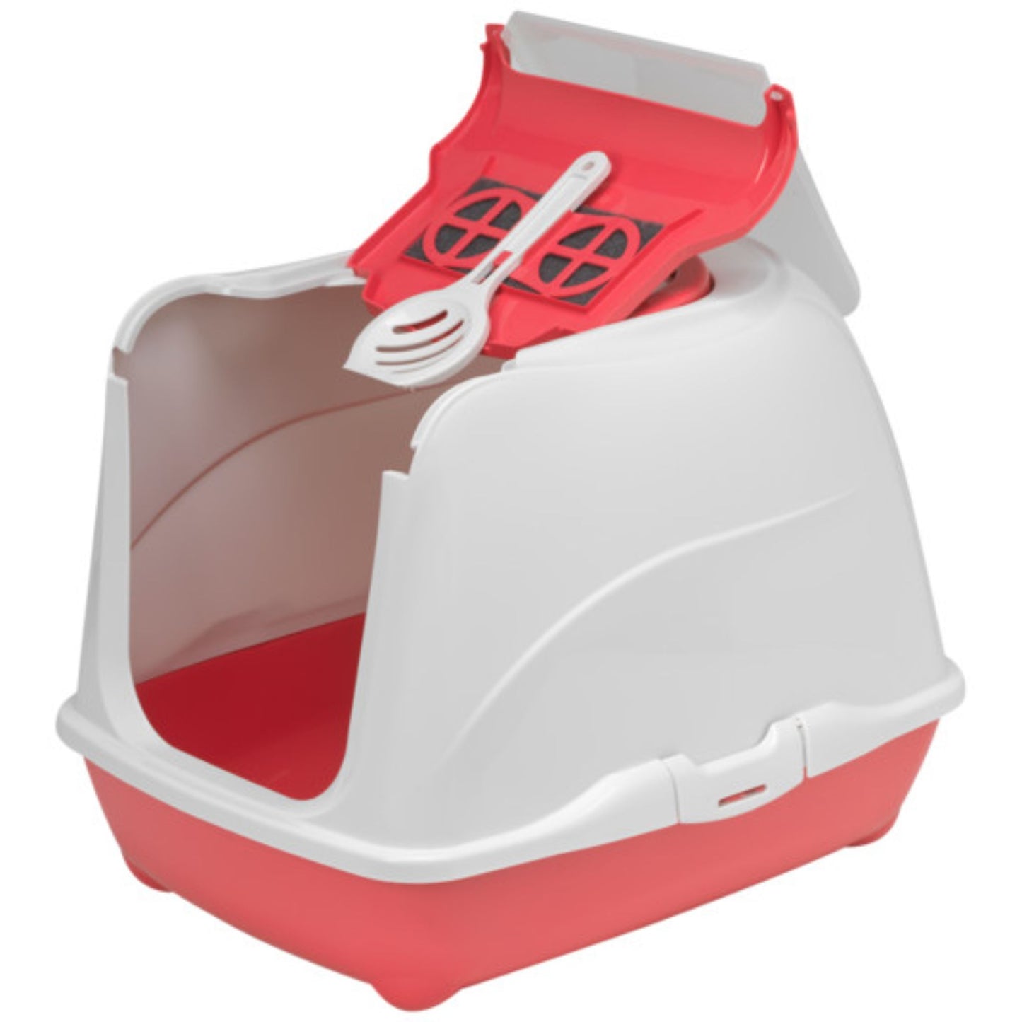 Red and white pet litter box with a scoop on a white background