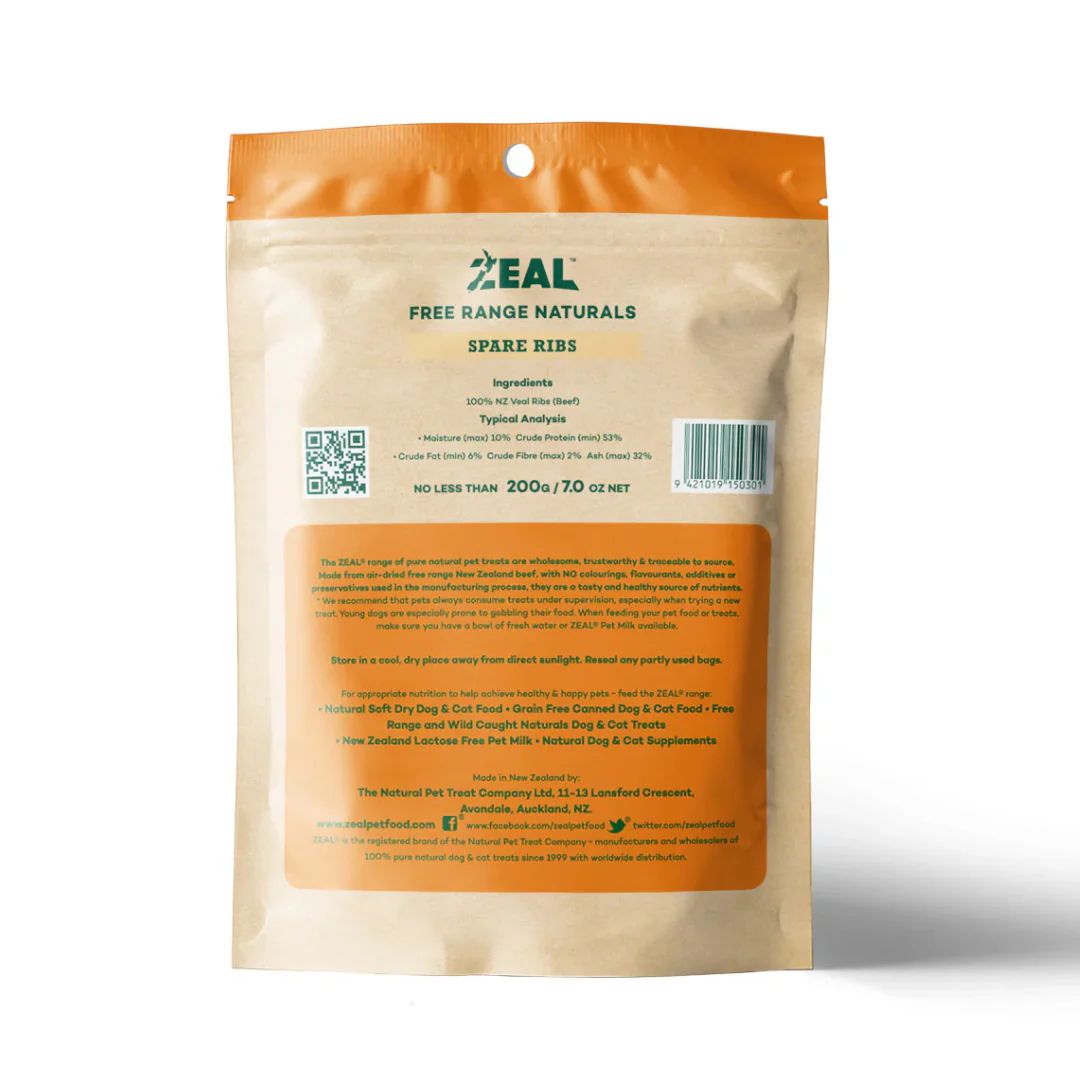 ZEAL Free Range Naturals spare ribs packaging on a white background