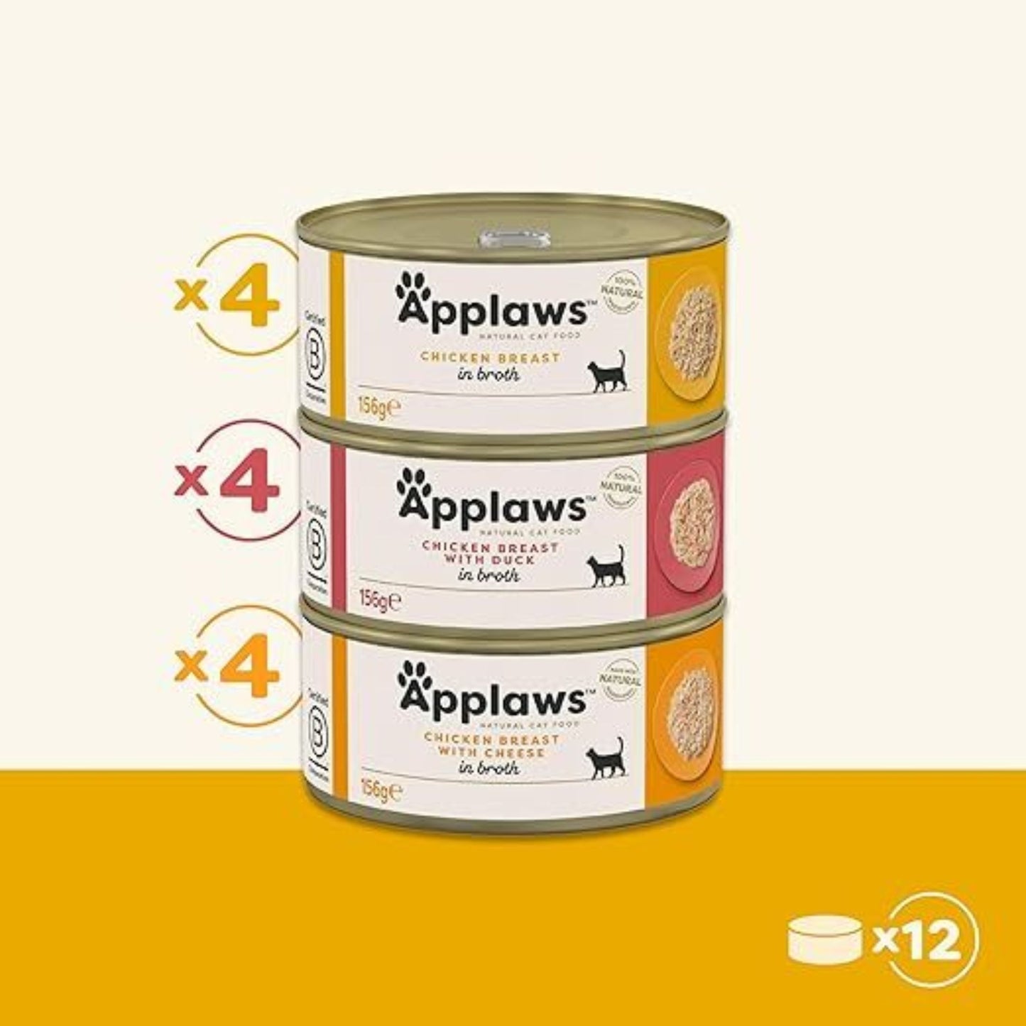 Three cans of Applaws cat food stacked on a white background with a yellow stripe at the bottom.
