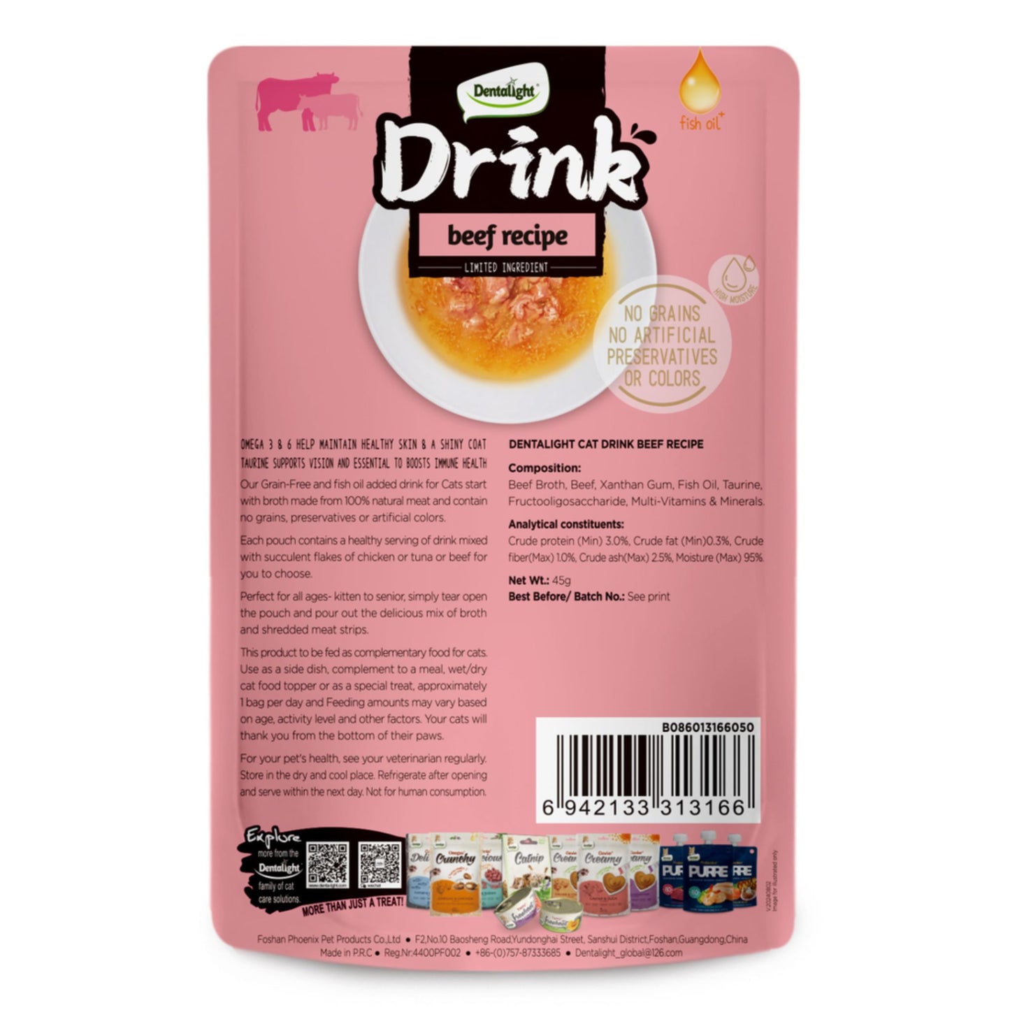 Dentalight cat drink pouch with beef recipe on a pink background