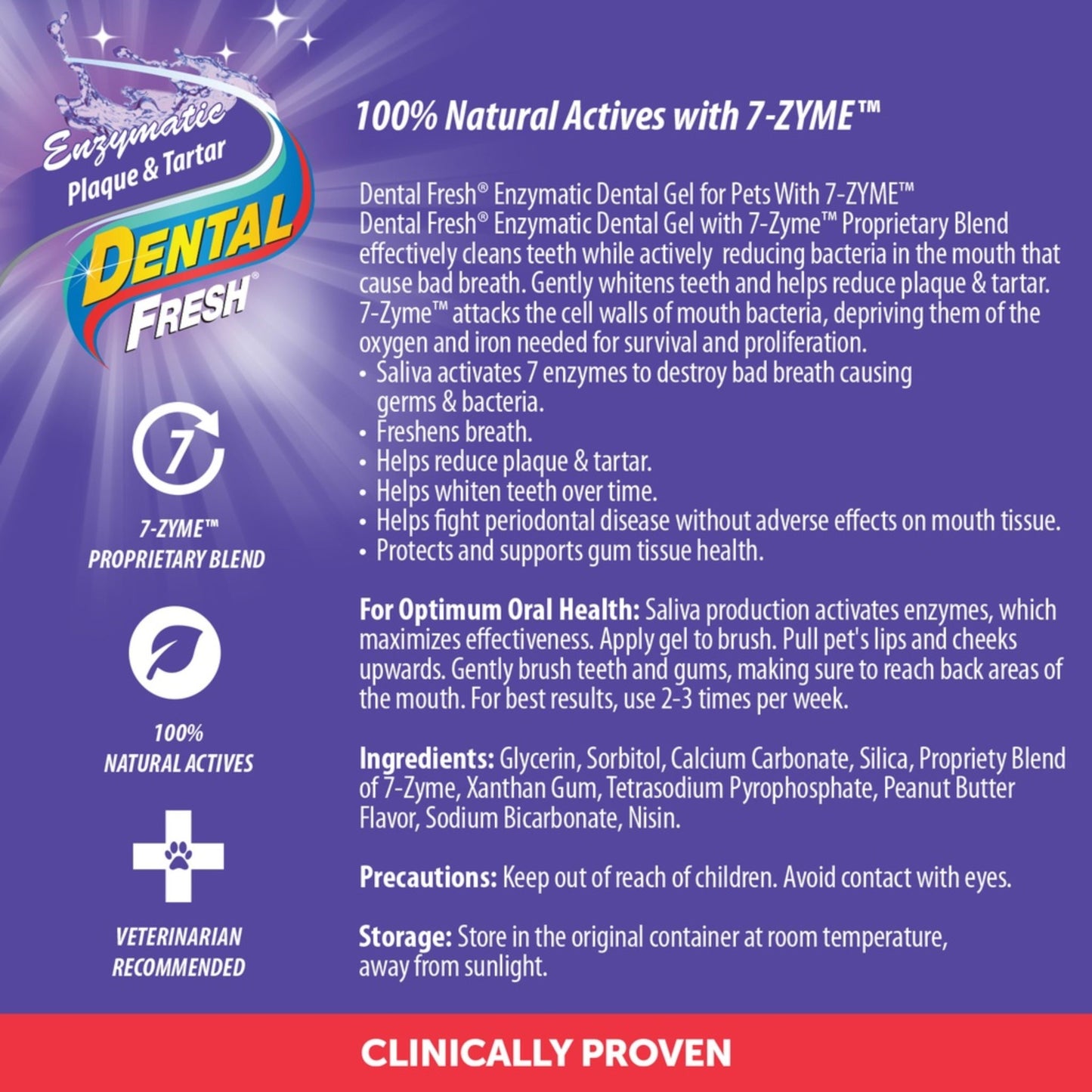 Dental Fresh dental gel packaging with text and branding on a purple and red background