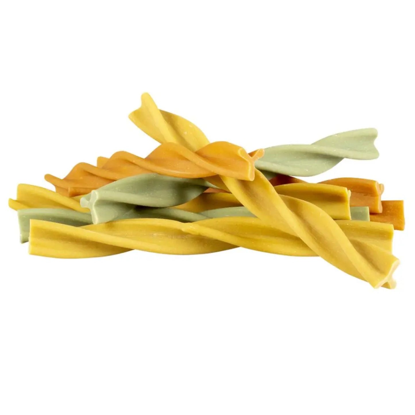 Colorful pasta strands on a white background