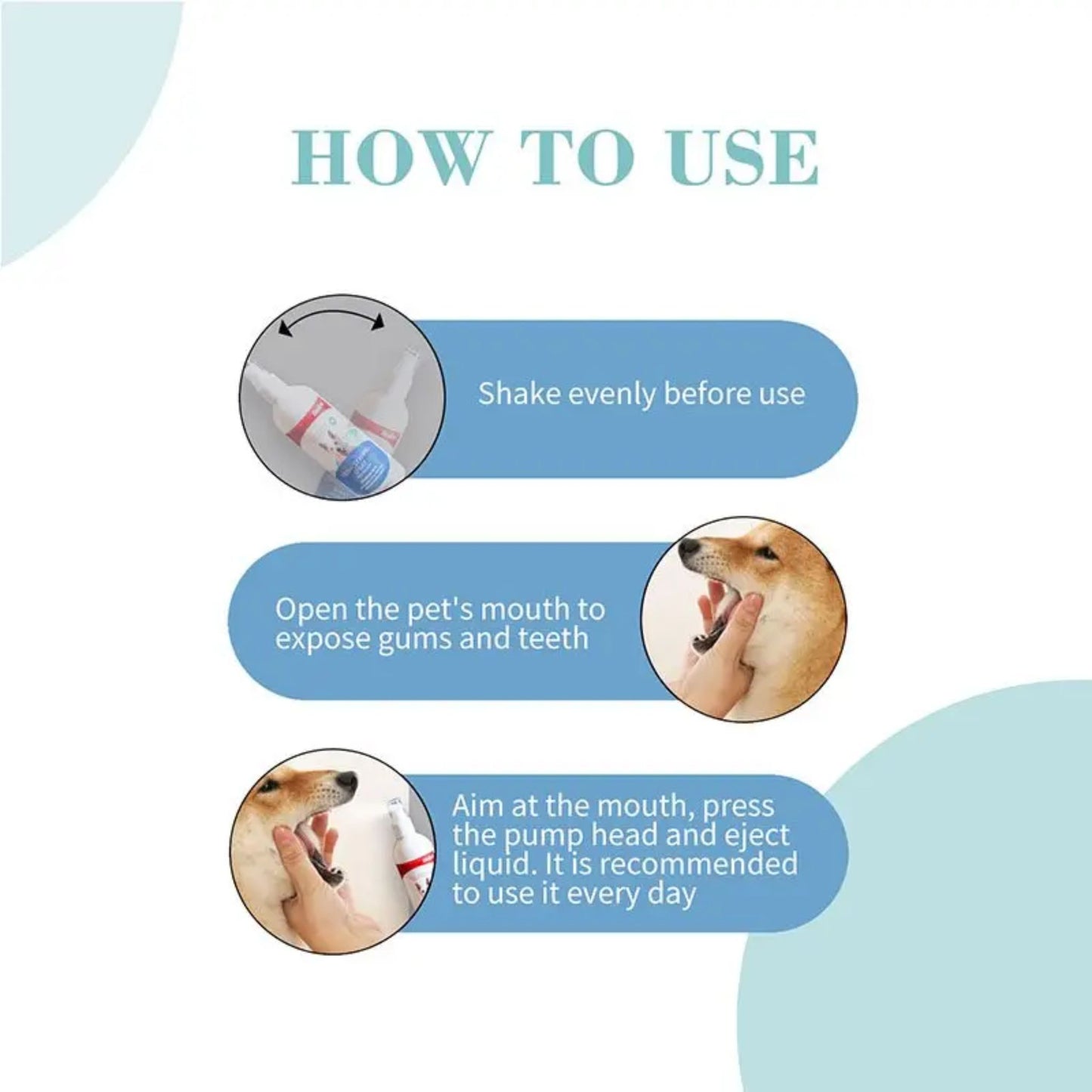 Instructions on how to use a pet dental care product with text and illustrations.