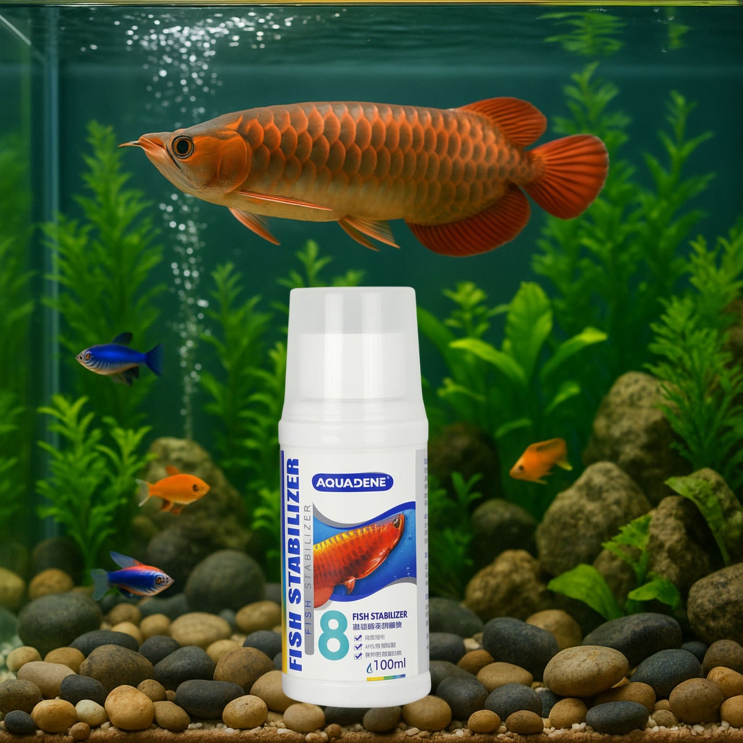Aquadene fish stabilizer bottle with a fish tank background