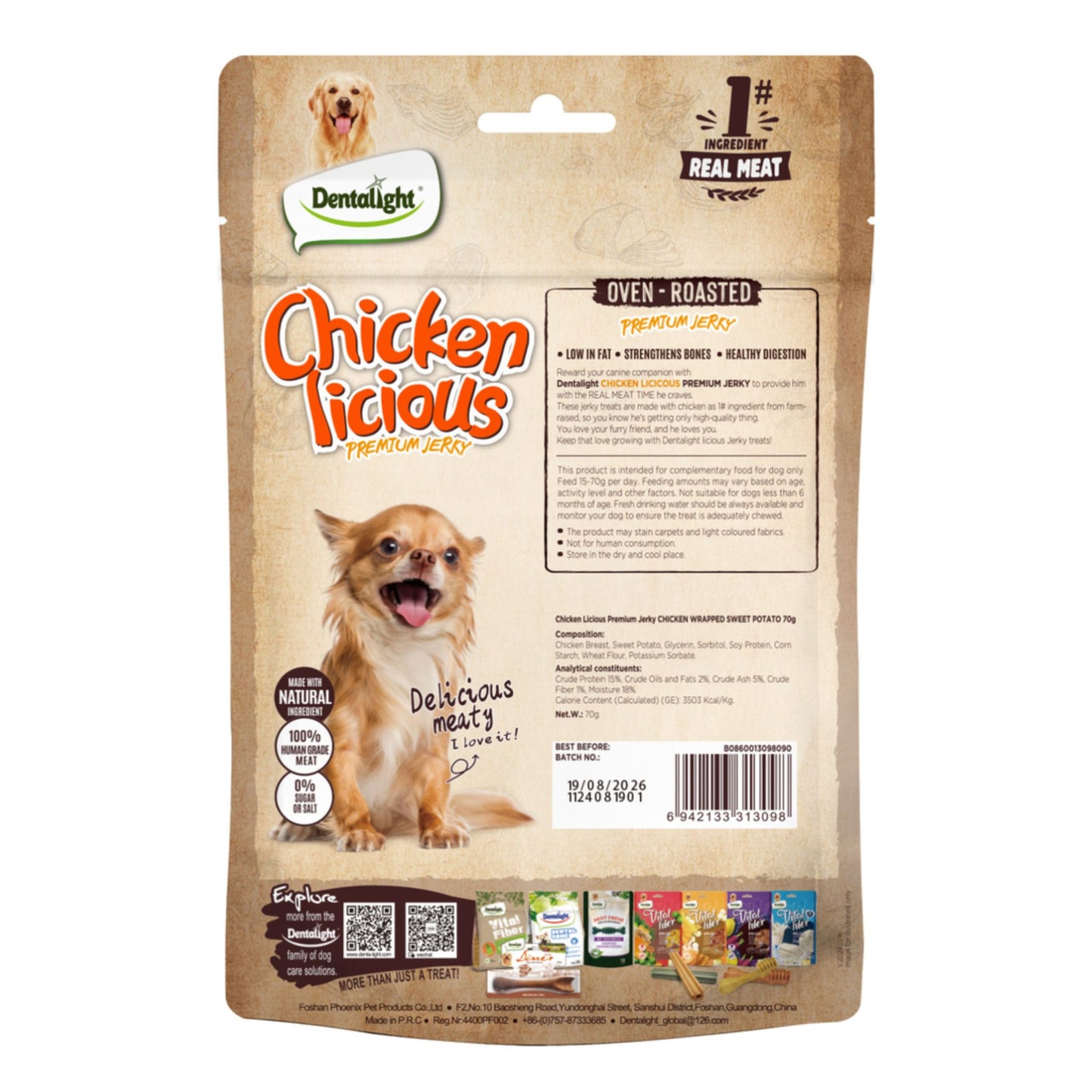 Dentalight Chicken Licious dog treat package on a white background