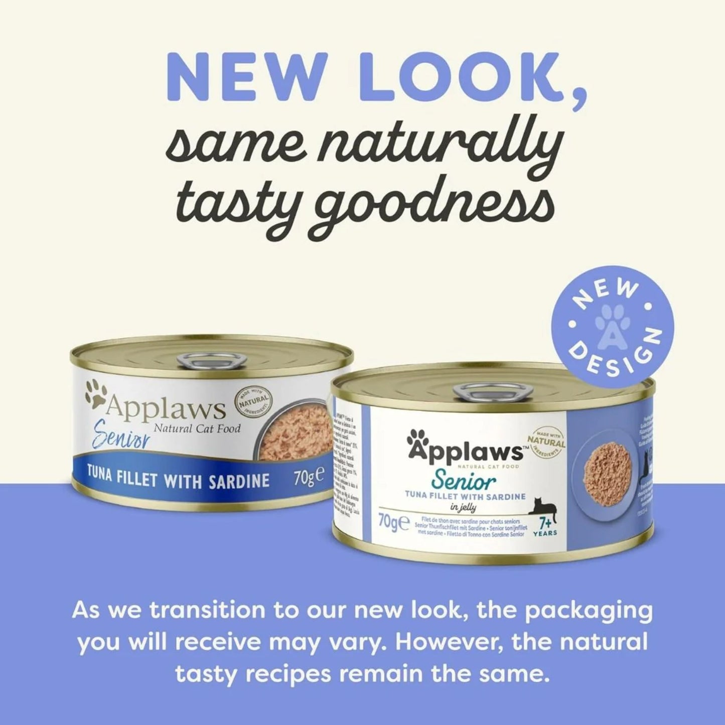 Two cans of Applaws Senior cat food with text about new packaging design.