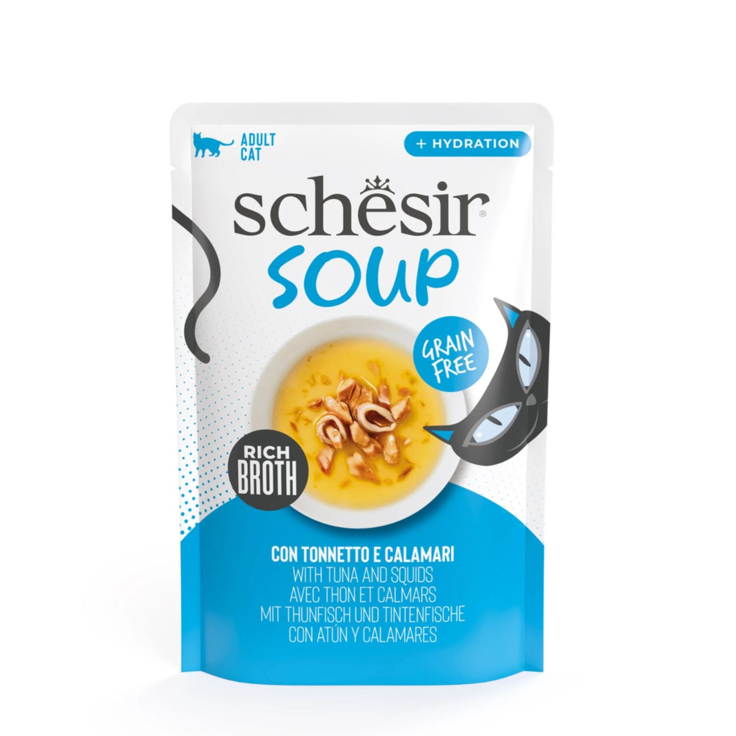 Schesir cat soup package with tuna and squid on a white background