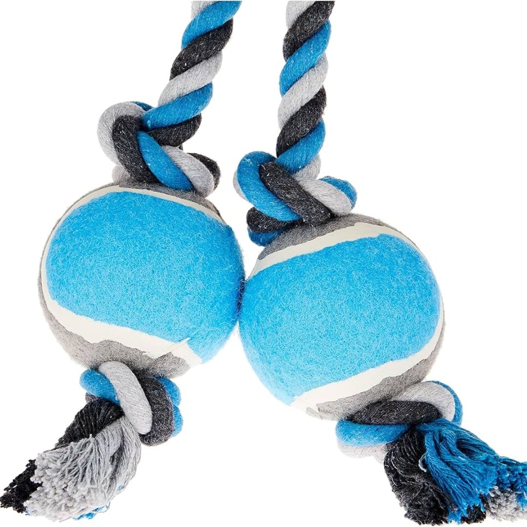 Duvo+ Tug Toy – 2 Tennis Balls & Cotton Loop, 43cm Grey/Blue