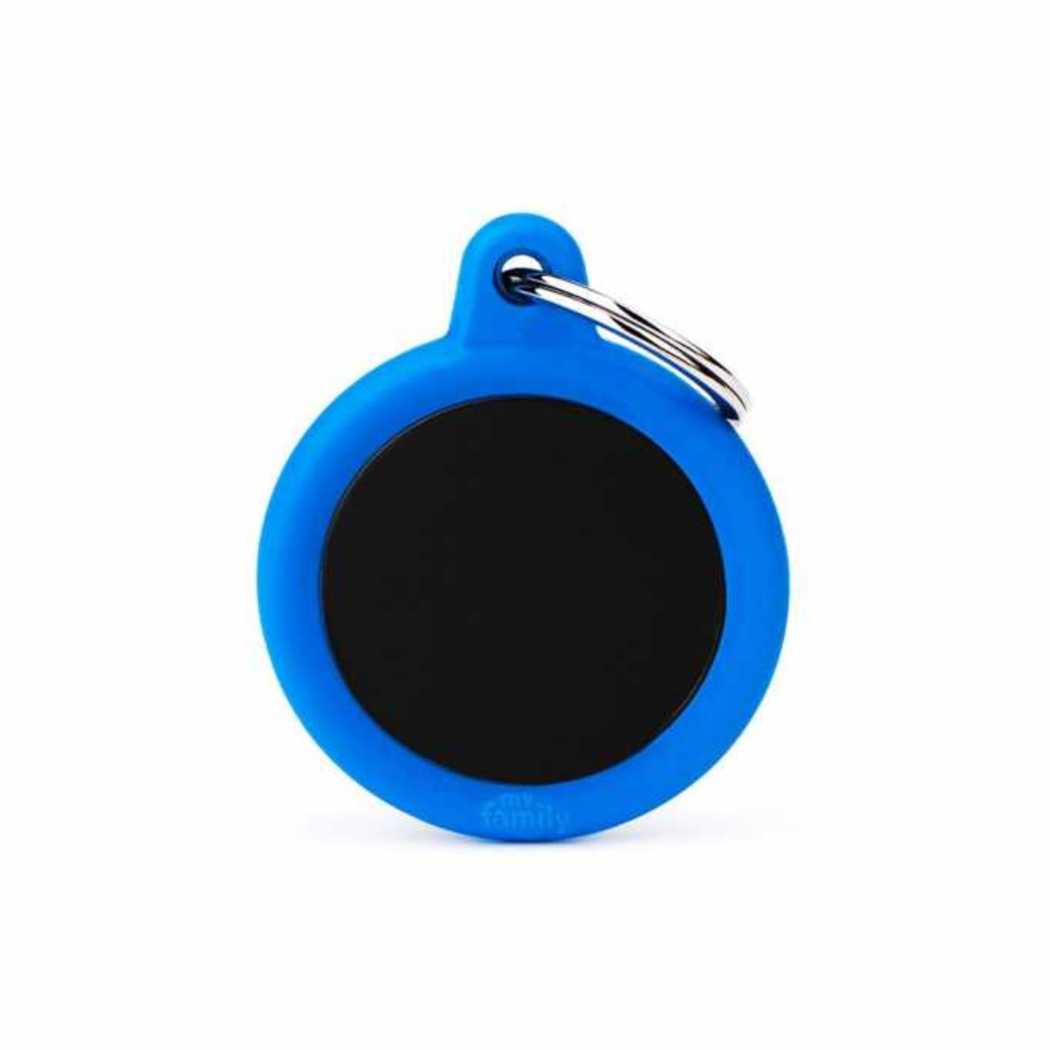 Blue silicone Pet tag with a black center on a white background
