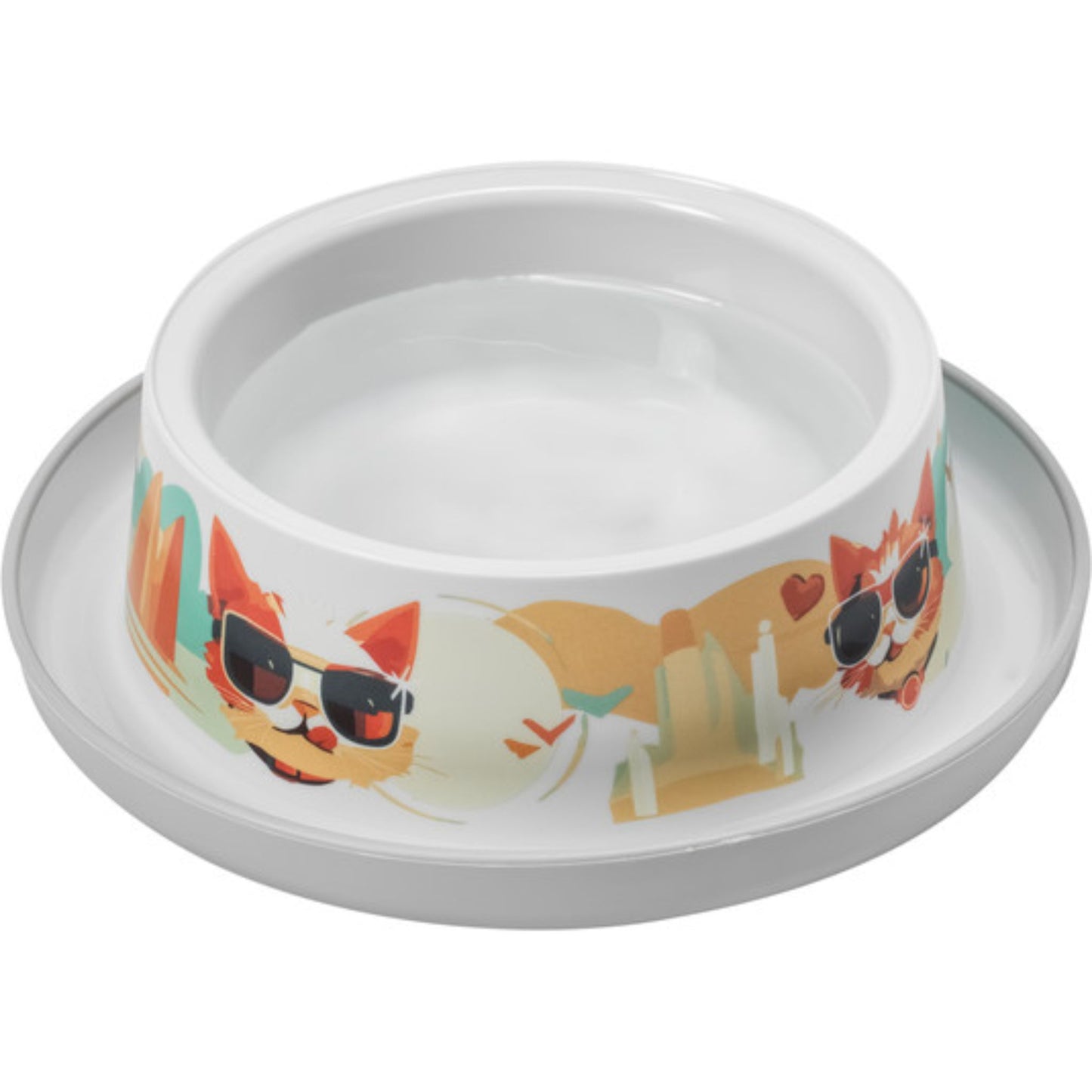Cat-themed pet bowl with a colorful design on a white background