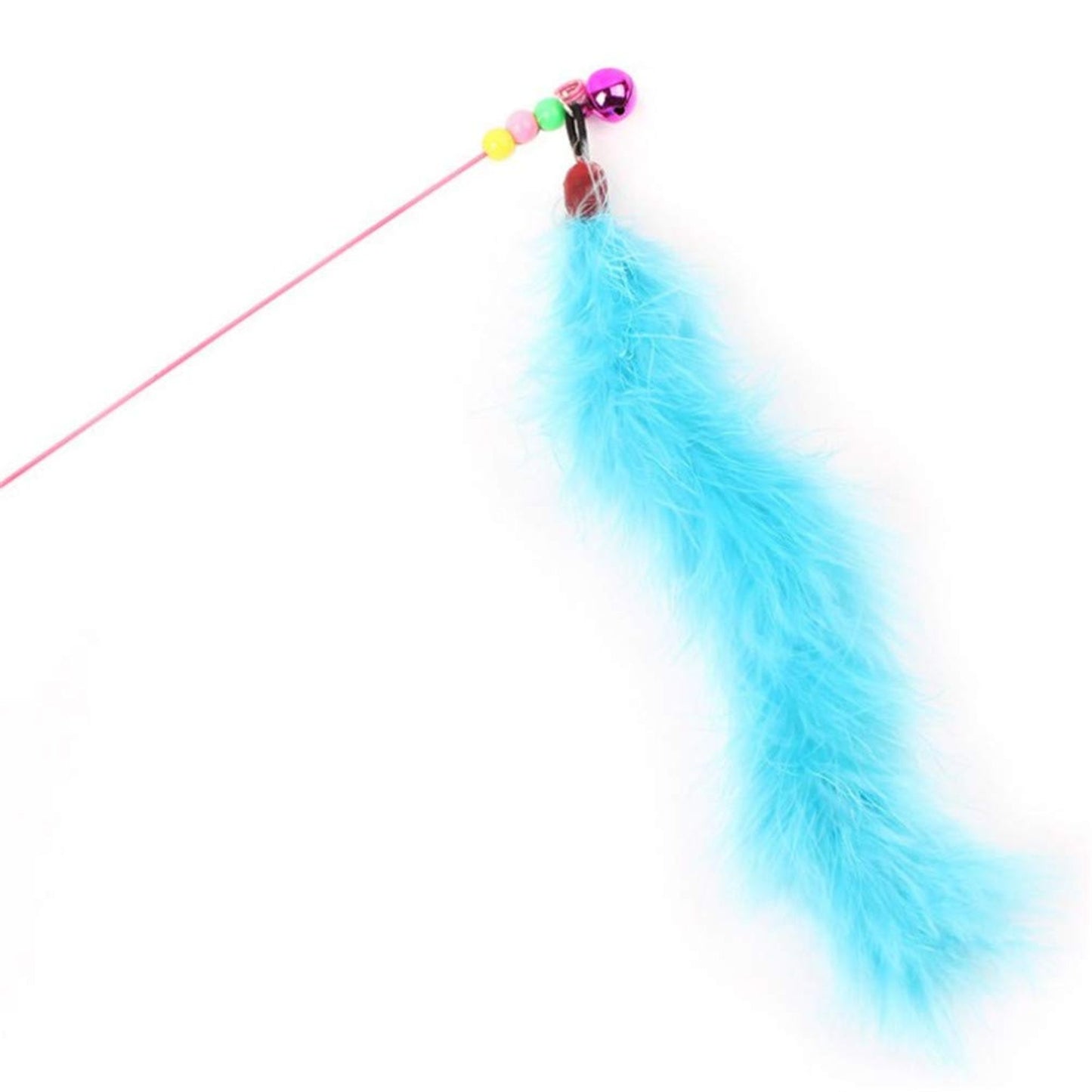 Cat toy with blue feather and colorful beads on a white background