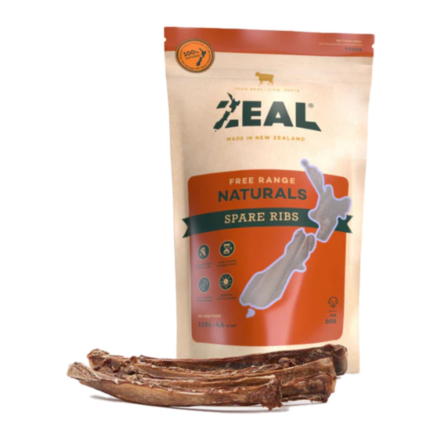 ZEAL Free Range Naturals Spare Ribs packaging with spare ribs on a white background