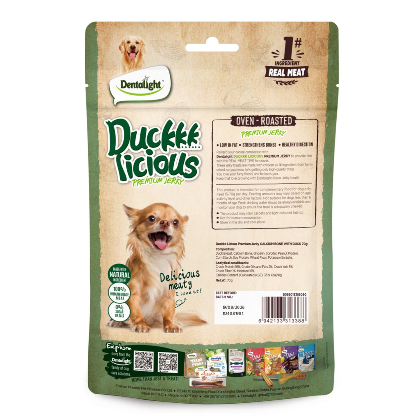 Package of Duck Licious Premium Jerky for dogs on a white background