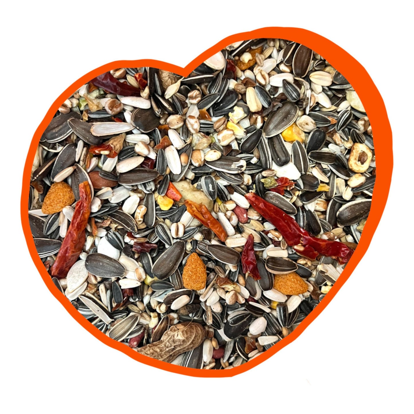 Heart-shaped container filled with a mix of bird seeds on a white background