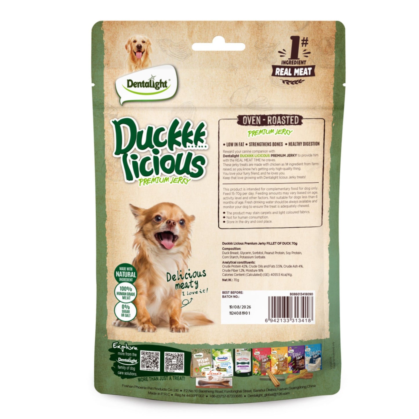 Duckie Licious dog treat package with a dog illustration on a white background