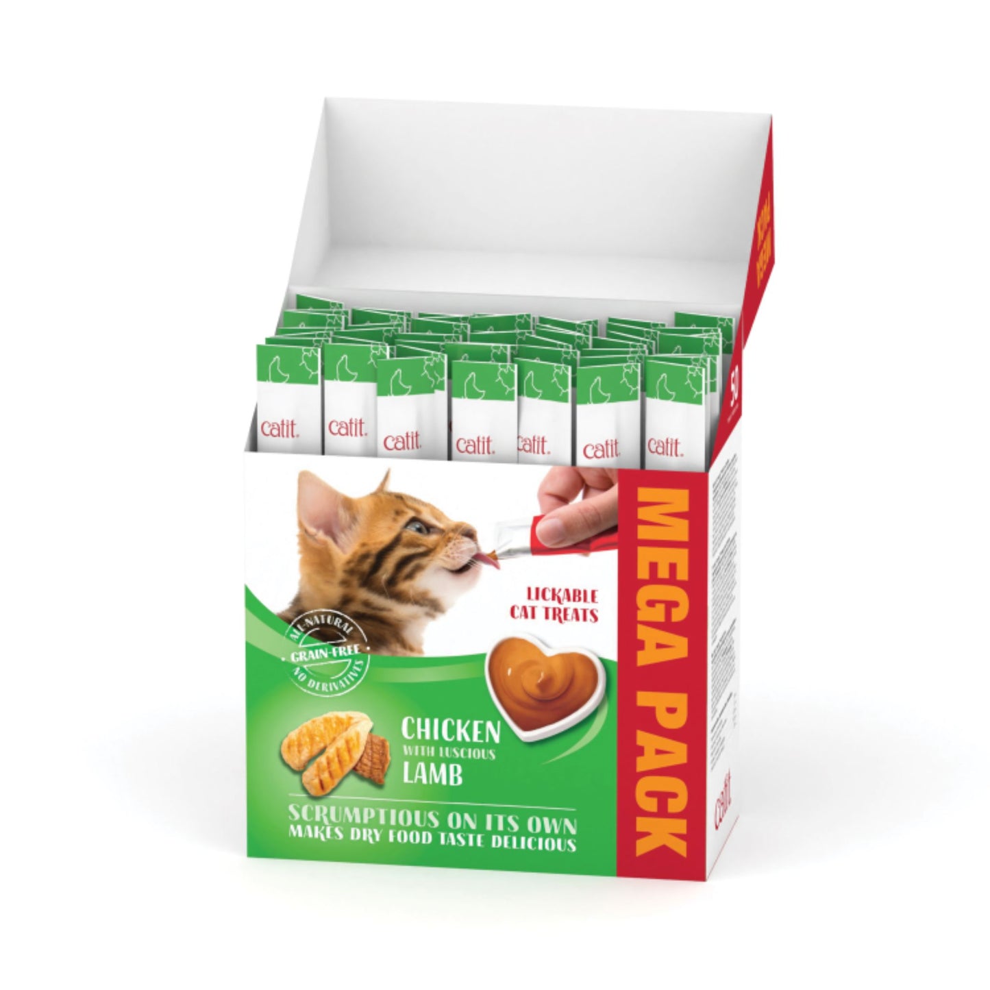 Mega Pack of cat treats with a hand holding a treat and a cat's face on the packaging.