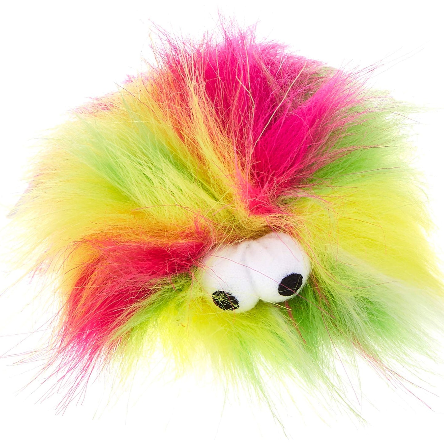 Colorful fluffy toy with a white face and black eyes on a white background
