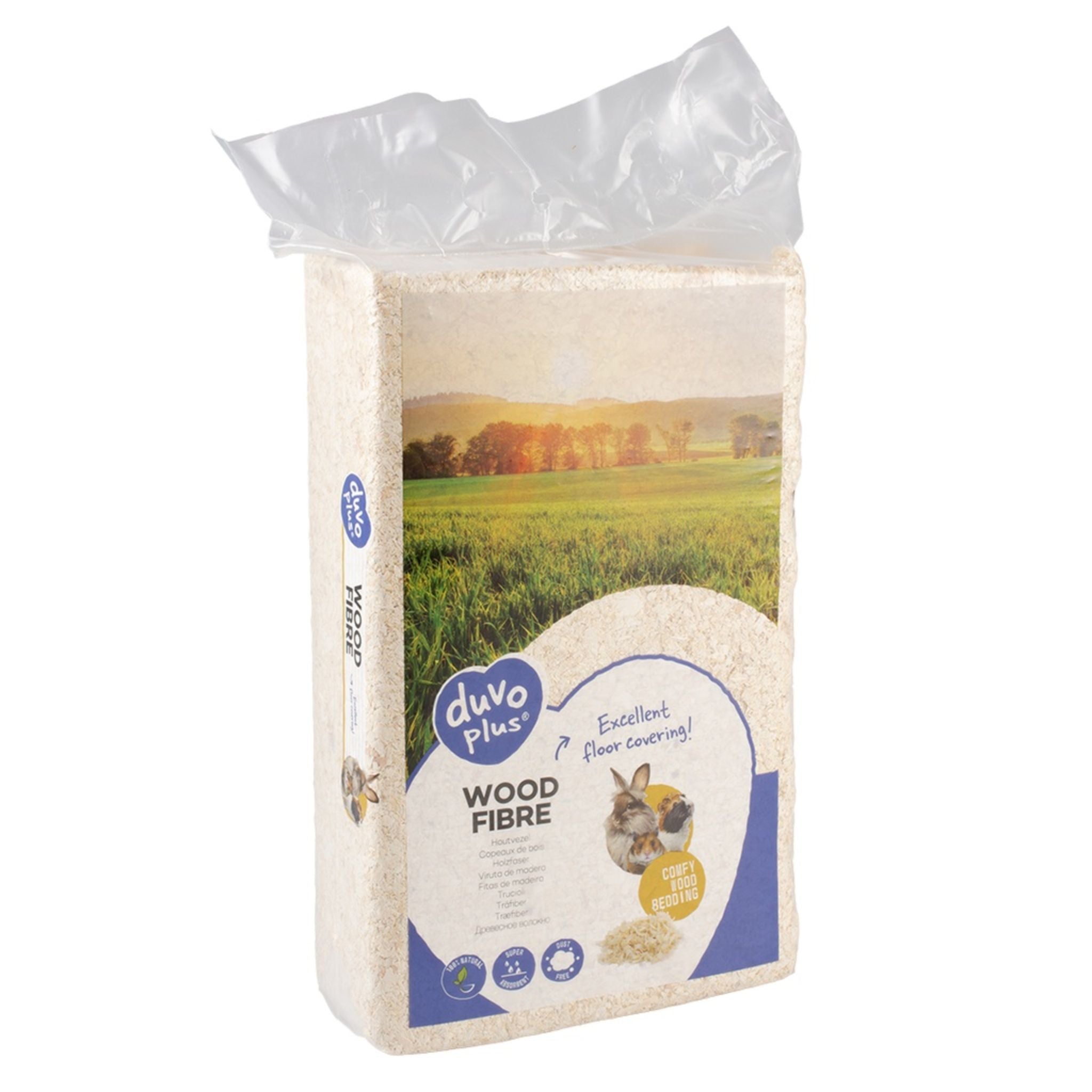 Package of duvo+ wood fibre with a scenic field design on the label.