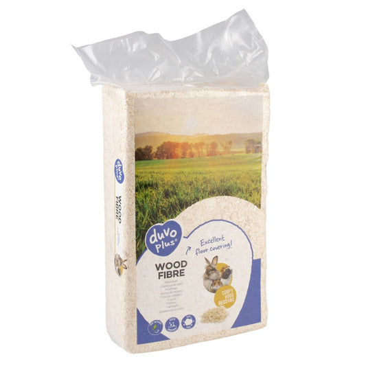 Package of duvo+ wood fibre with a scenic field design on the label.