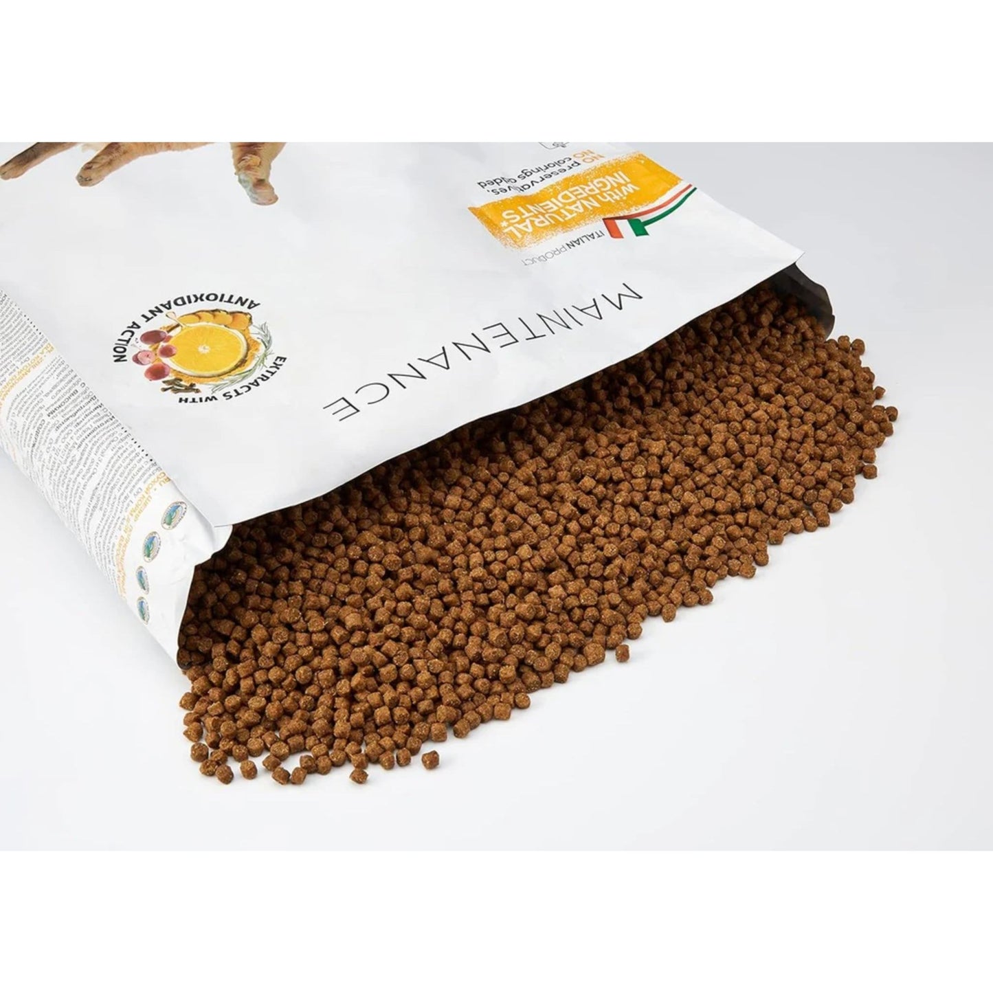 Open bag of pet food with visible brand logo on a white background