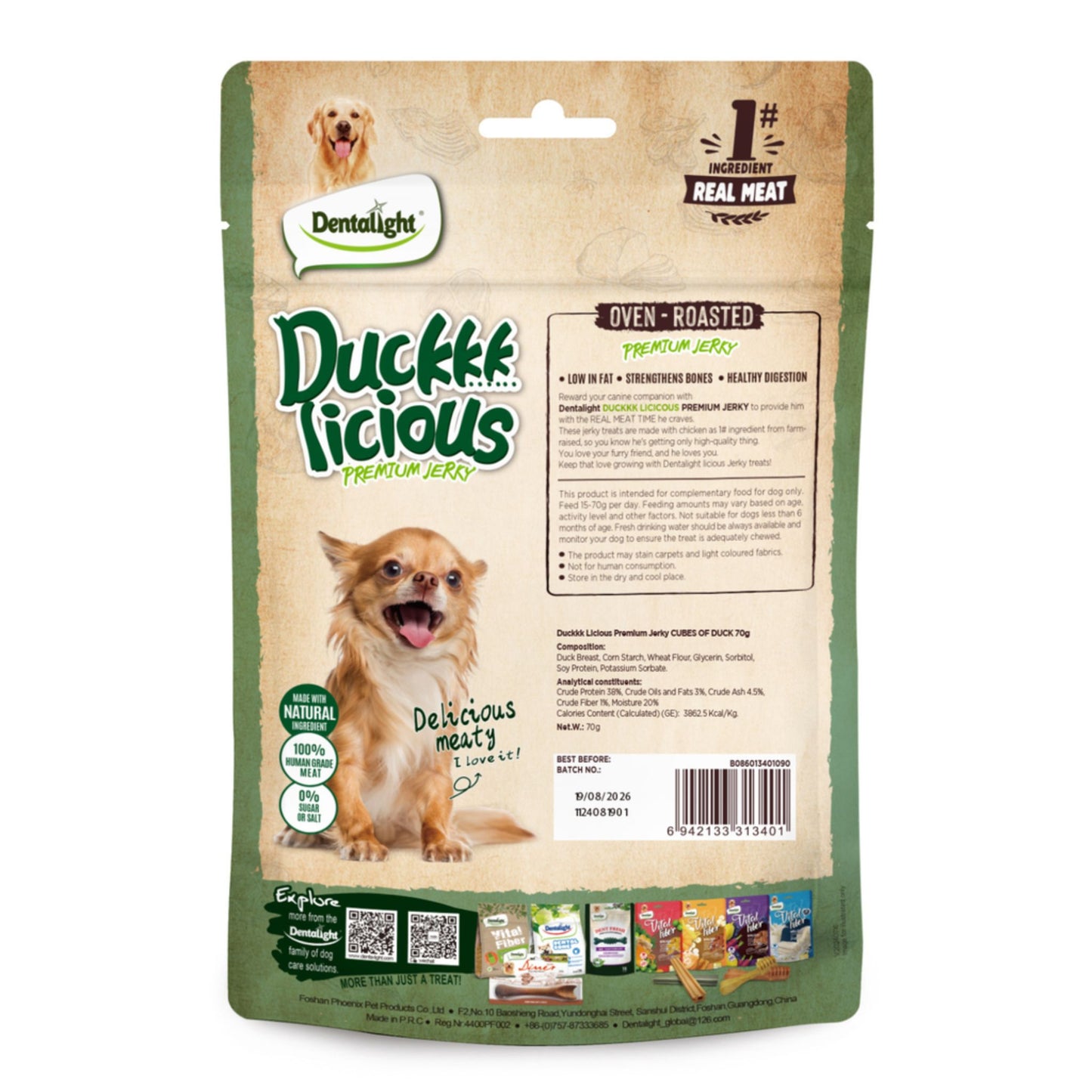 Duck Licious premium jerky packaging for dogs with a dog on the label.
