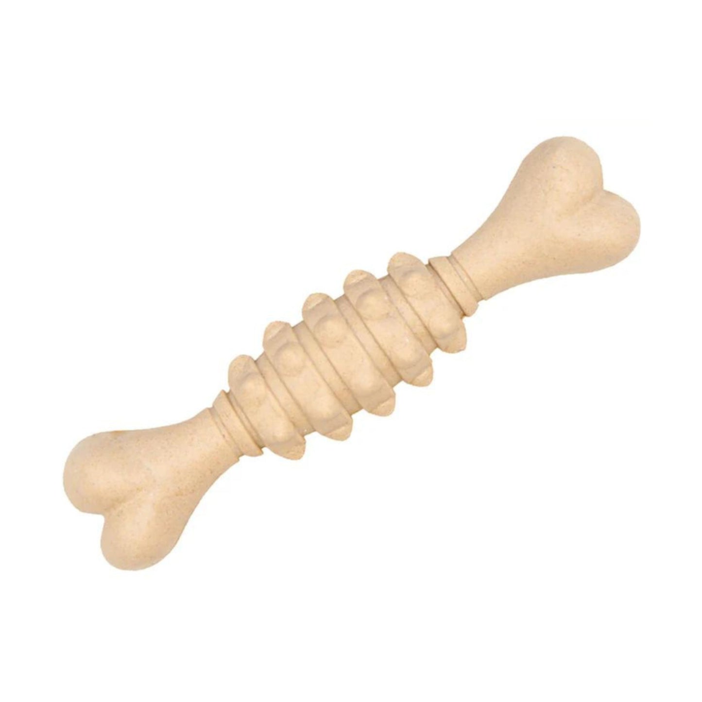 Dog chew shaped like a bone on a white background