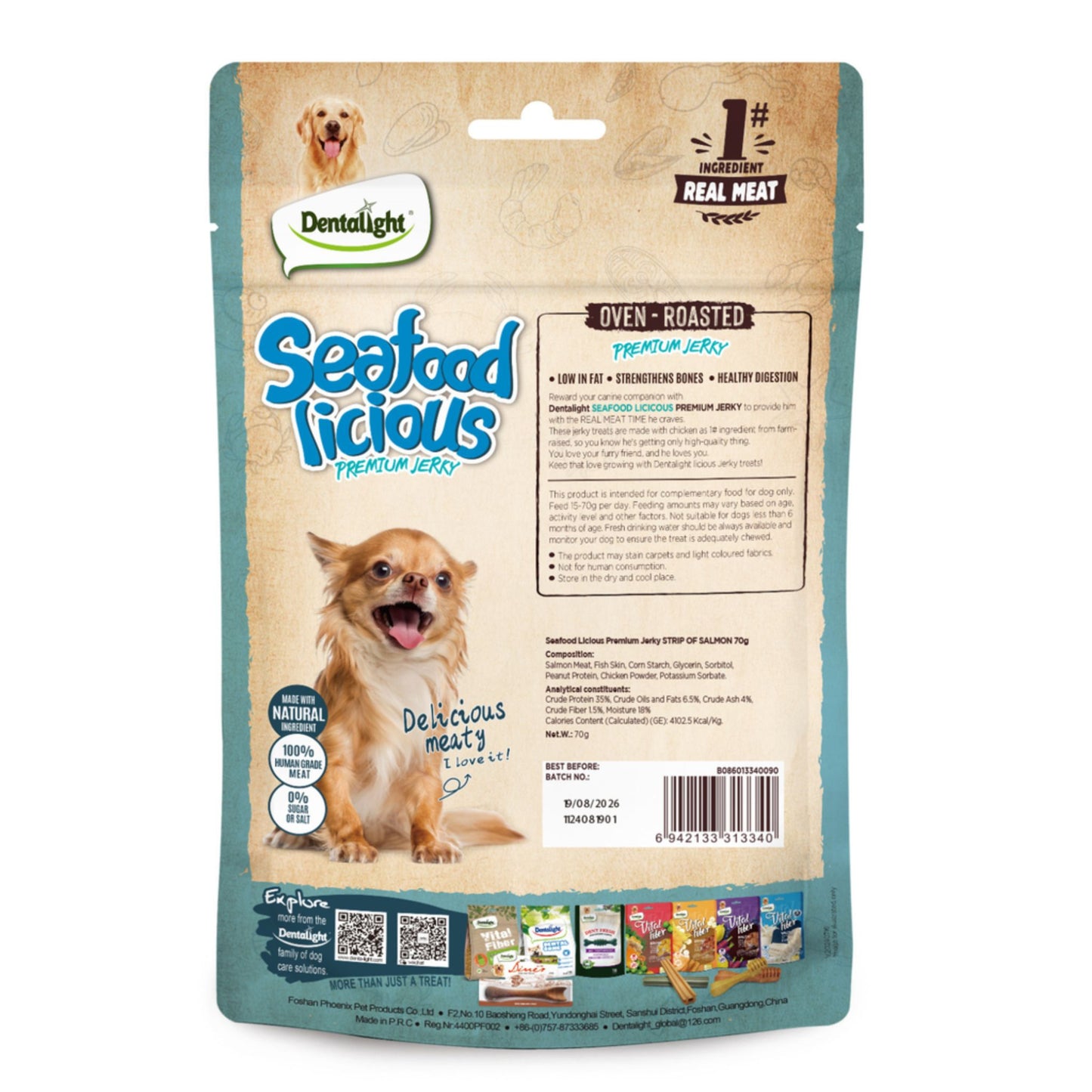 Dentalight Licious Jerky Dog Treats With Salmon Strip - 70g