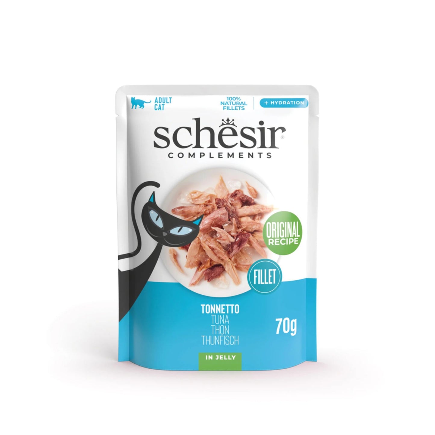 Schesir cat food pouch with tuna fillet on a white background