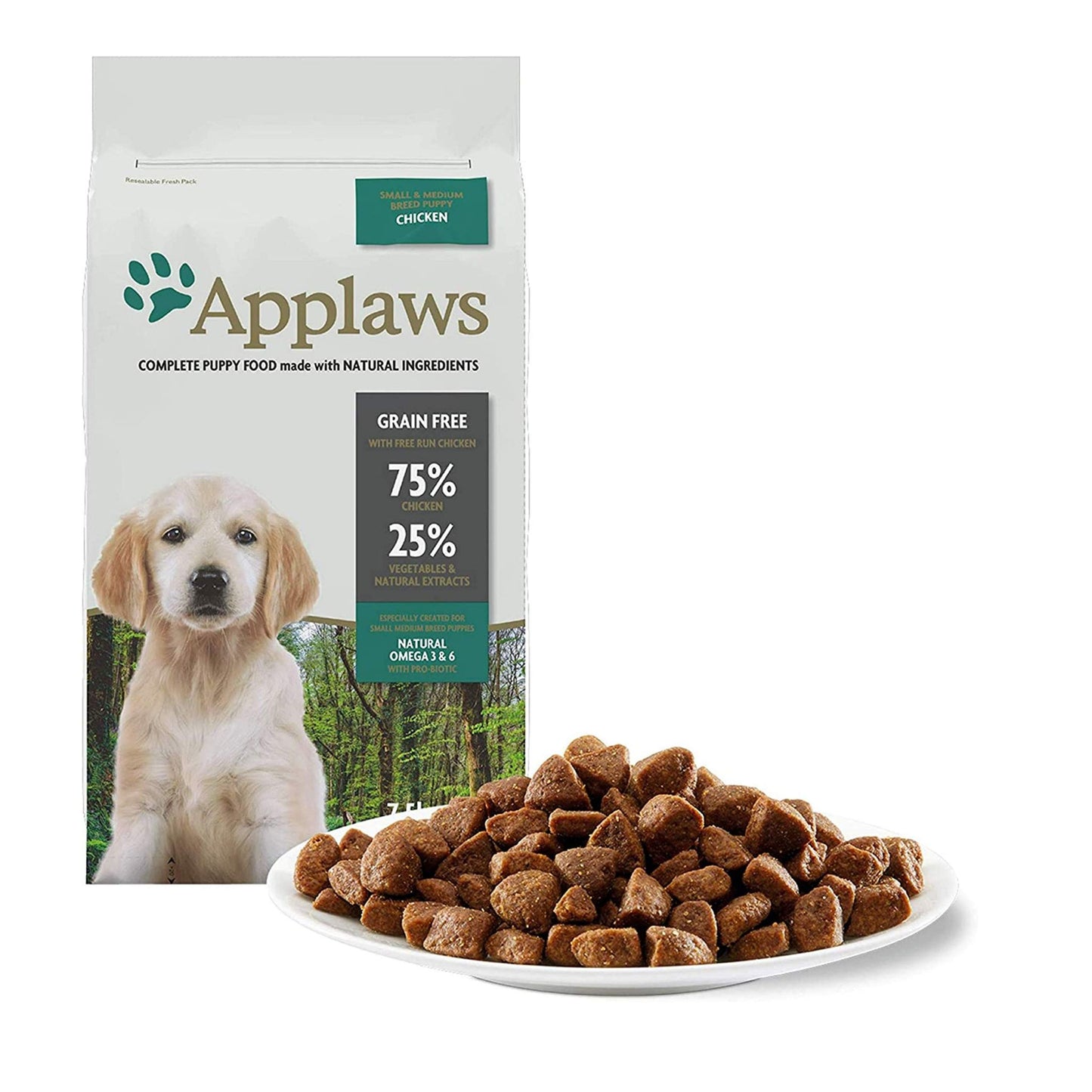Applaws dog food package with a plate of dog treats on a white background